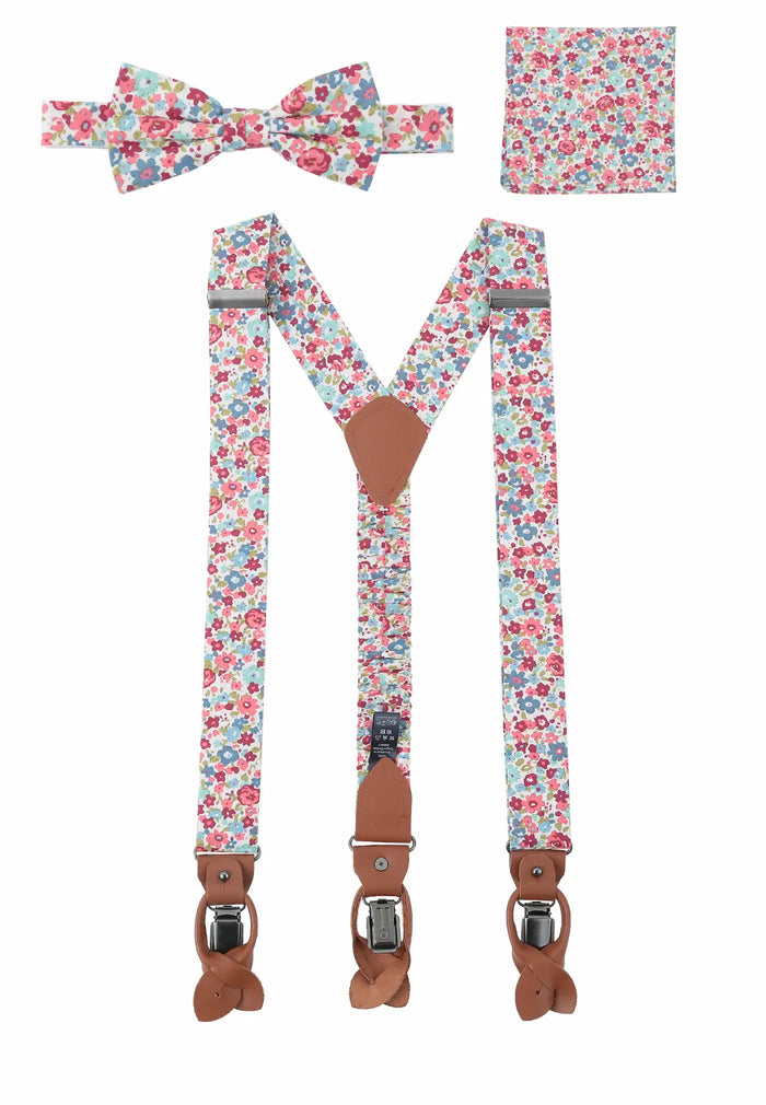 Men's suspender set with bow tie & pocket square made of cotton - floral pattern