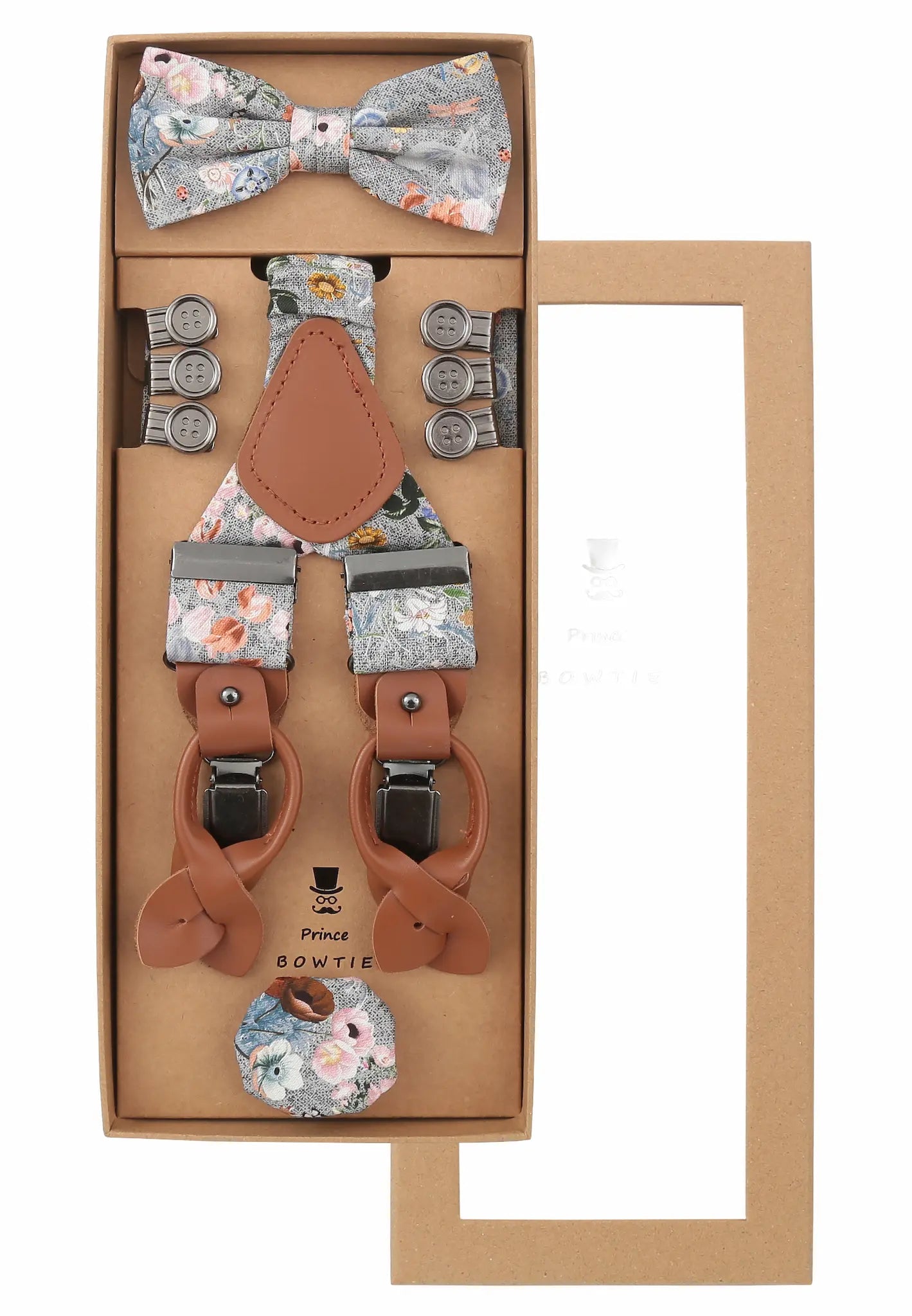 Hosenträger Set mit Fliege und Einstecktuch von Prince Bowtie