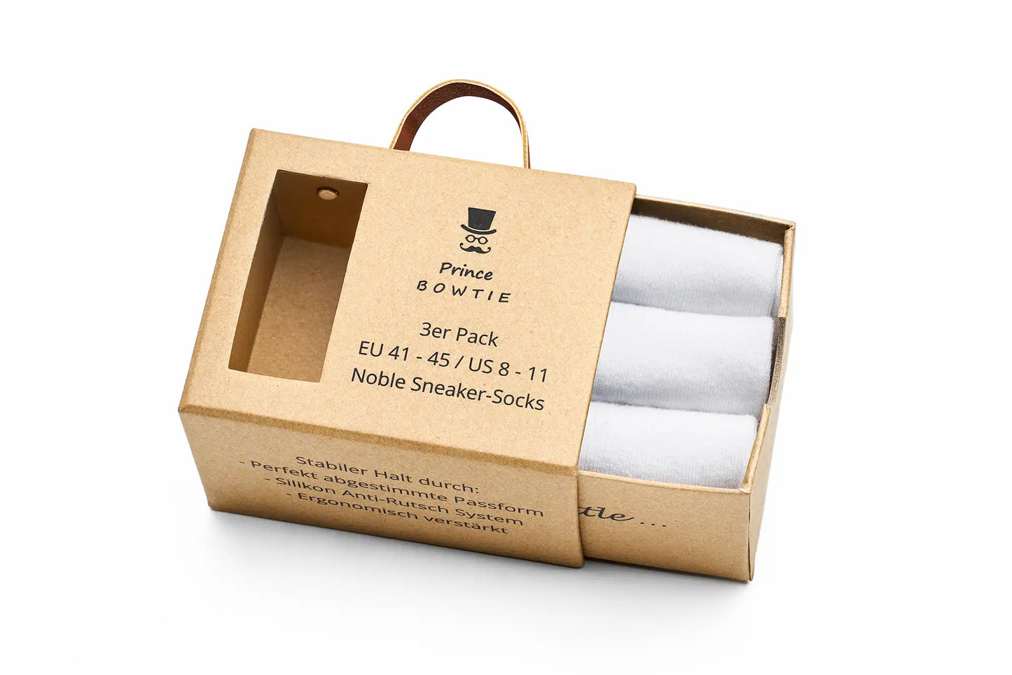 (Weiß) Sneaker Socken 3er Pack – geöffnete Verpackung mit Anti-Rutsch Hinweis
