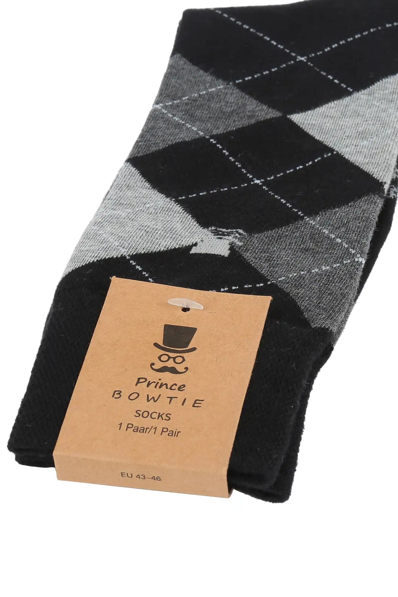 (Schwarz) Herren Socken Argyle-Muster mit Prince Bowtie Etikett – Verpackung