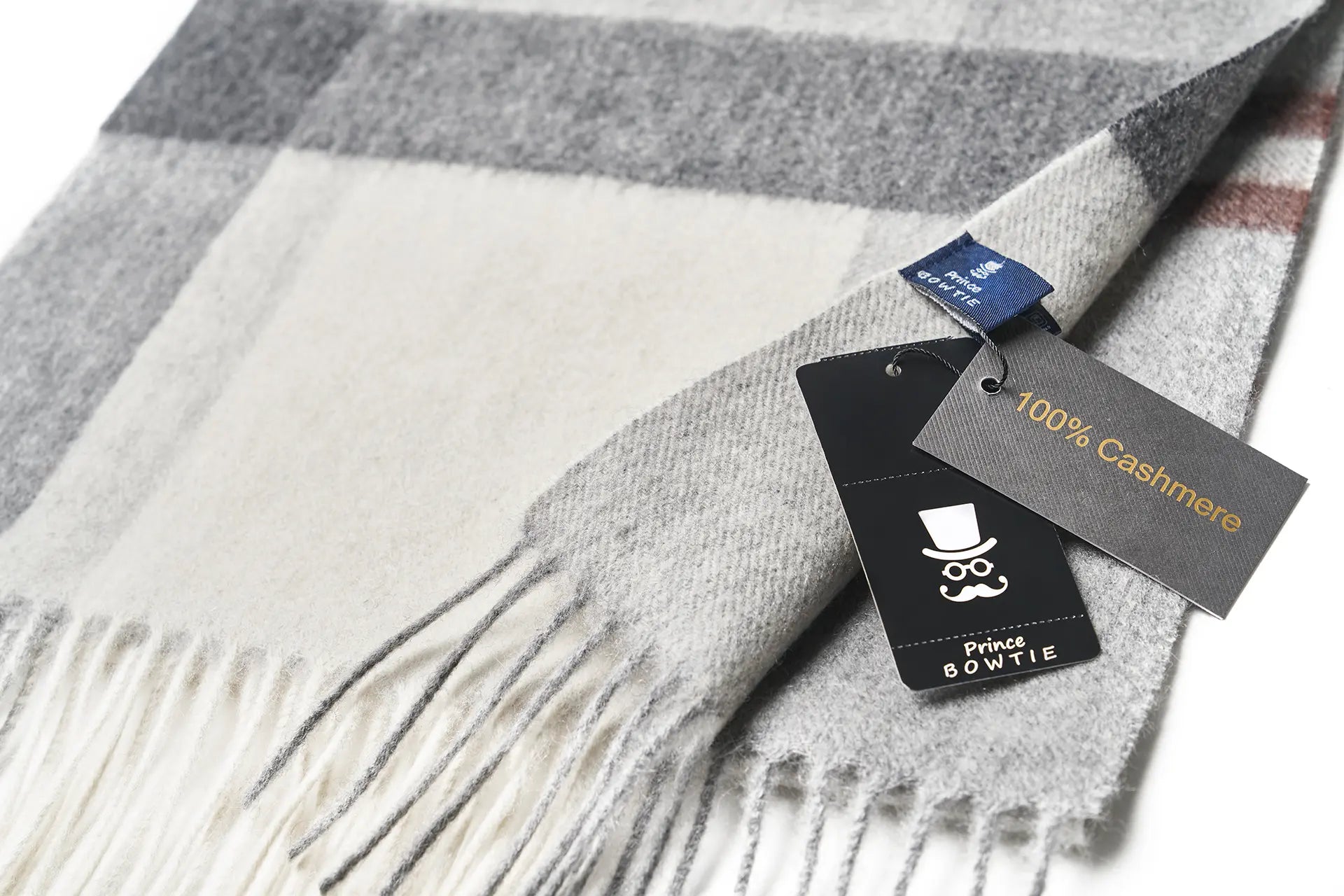 (Grau) Kaschmirschal 100% Cashmere – Detailansicht Prince Bowtie Label