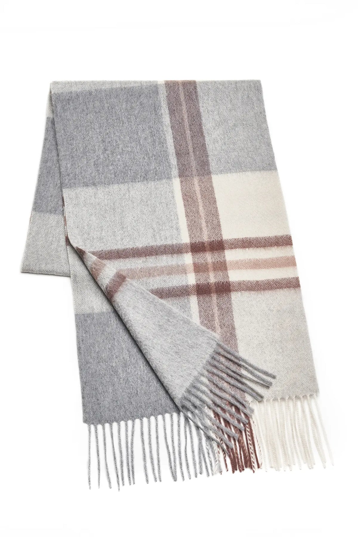 (Grau) Cashmere Schal Herren kariert 100% Kaschmir – gefaltet mit Fransen