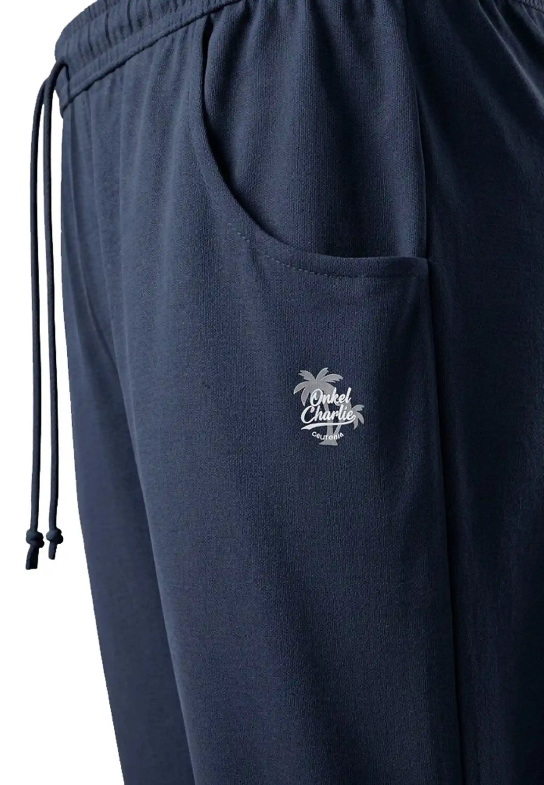 (Dunkelblau) Herren Lounge Hose – Detail Seitentasche und Onkel Charlie Print