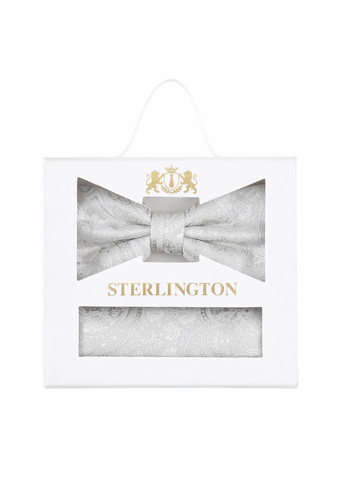 (Champagner) Fliege Einstecktuch Set Paisley Seide – Sterlington Geschenkbox Frontalansicht