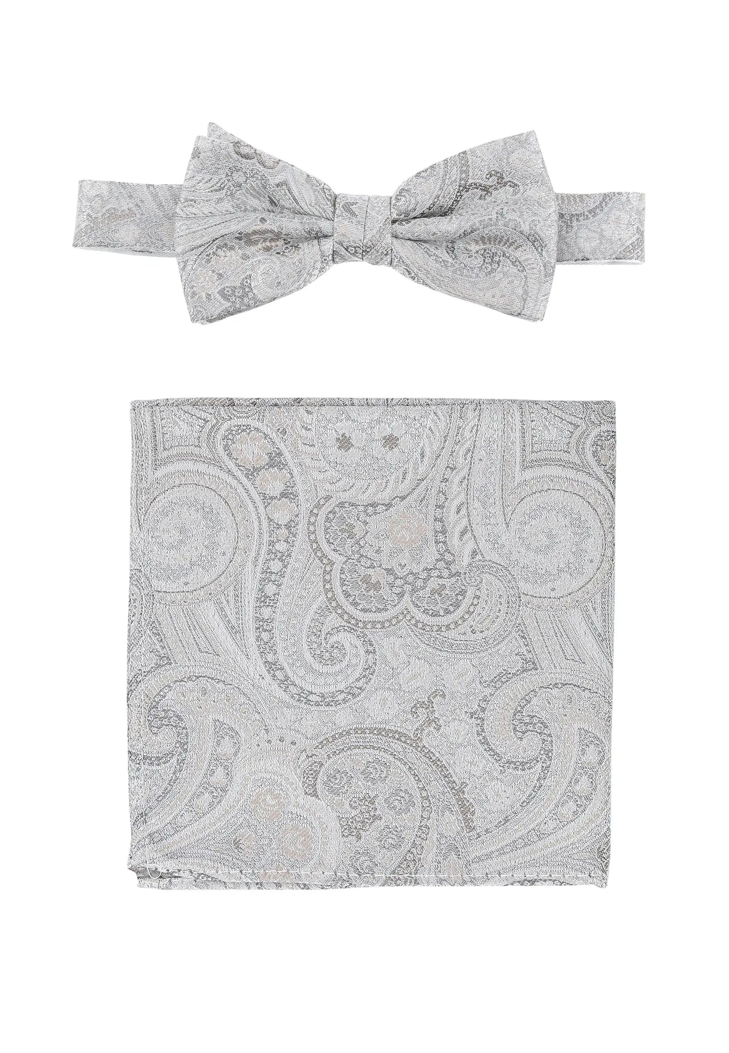 (Silber) Fliege und Einstecktuch Set Hochzeit Paisley – Fliege und Tuch ausgelegt