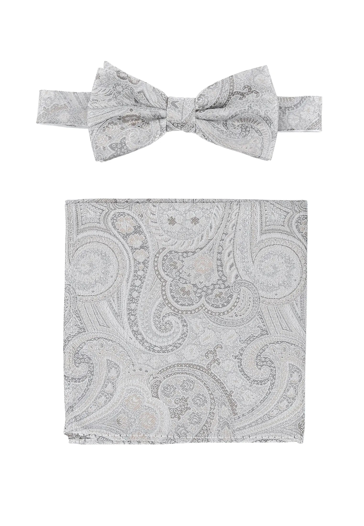 (Silber) Fliege und Einstecktuch Set Hochzeit Paisley – Fliege und Tuch ausgelegt