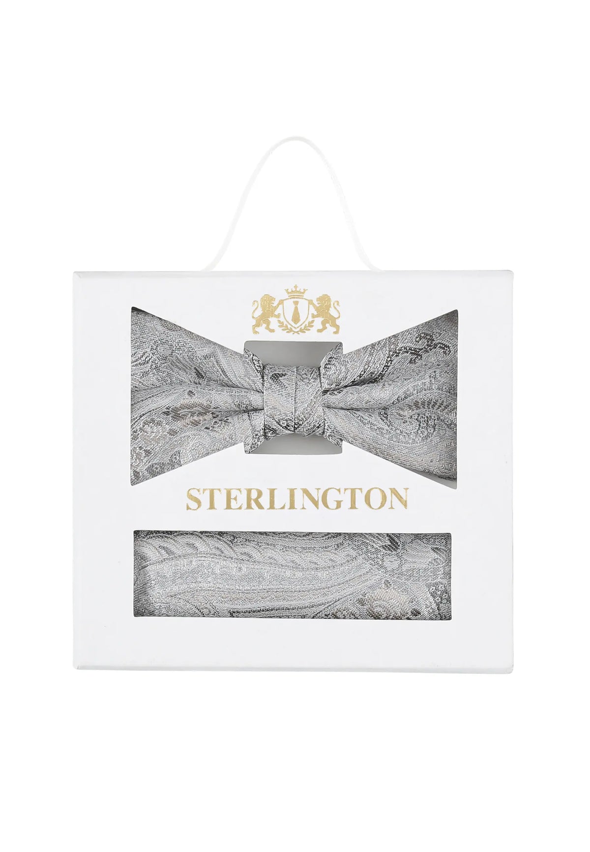(Silber) Fliege Einstecktuch Set Paisley Seide – Sterlington Geschenkbox Frontalansicht
