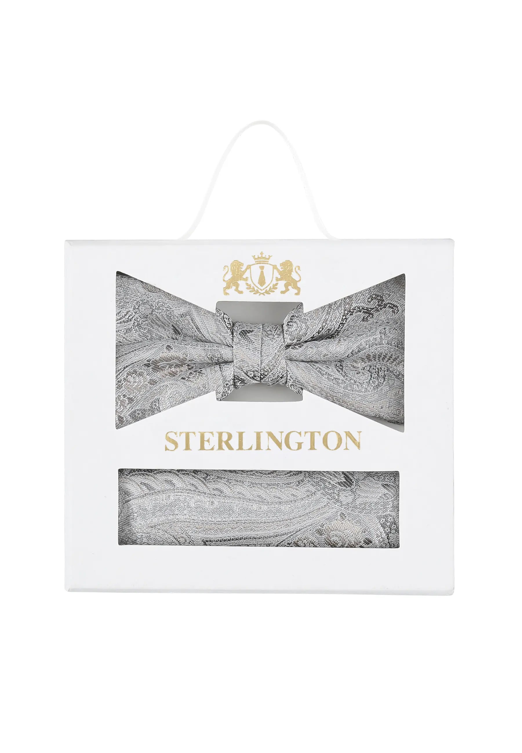 (Silber) Fliege Einstecktuch Set Paisley Seide – Sterlington Geschenkbox Frontalansicht