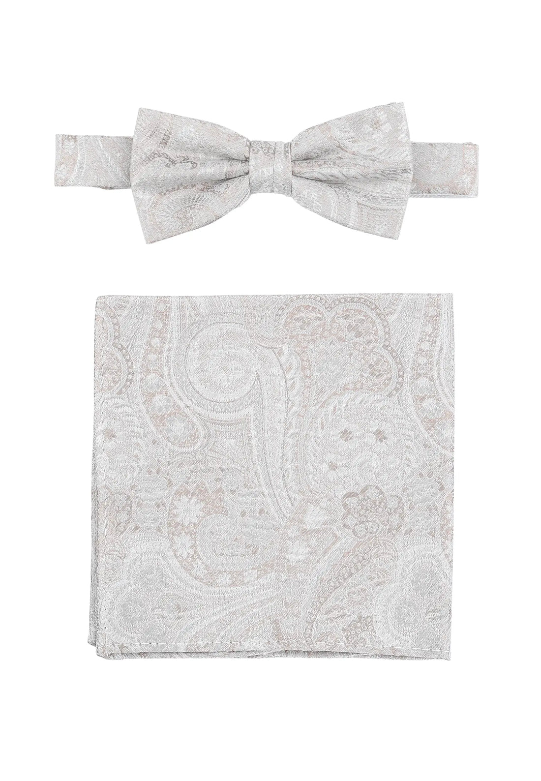 (Beige) Fliege und Einstecktuch Set Hochzeit Paisley – Fliege und Tuch ausgelegt