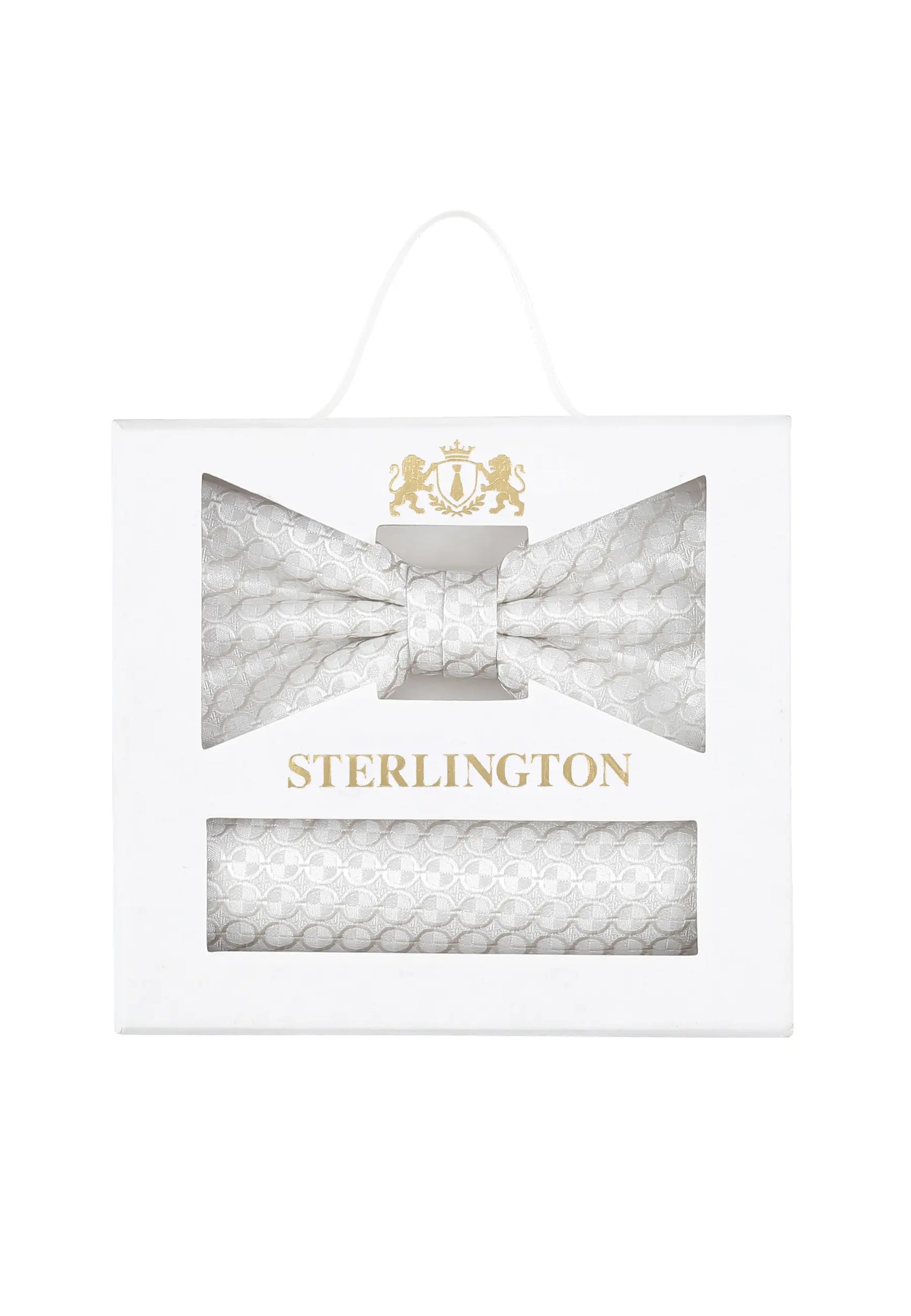 (Champagner) Fliege Einstecktuch Set Kreise Seide – Sterlington Geschenkbox Frontalansicht