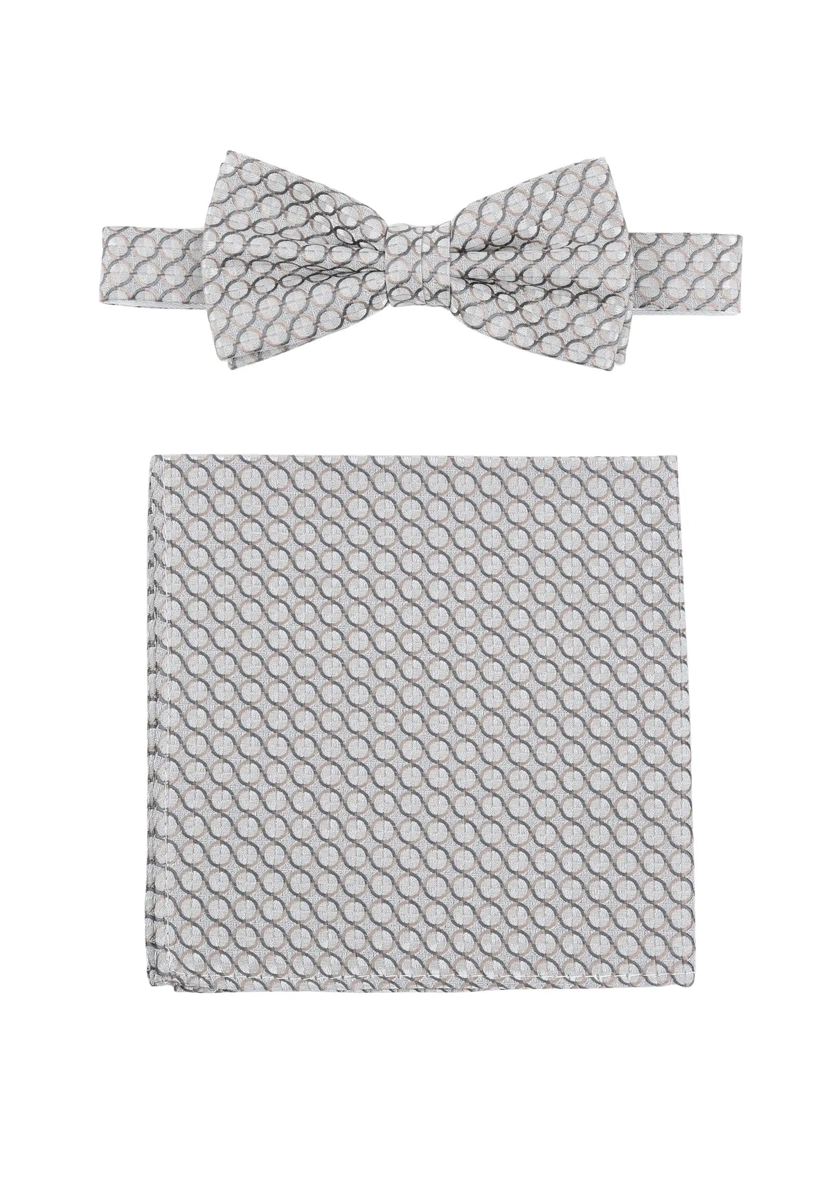 (Silber) Fliege und Einstecktuch Set Hochzeit Kreise – Fliege und Tuch ausgelegt
