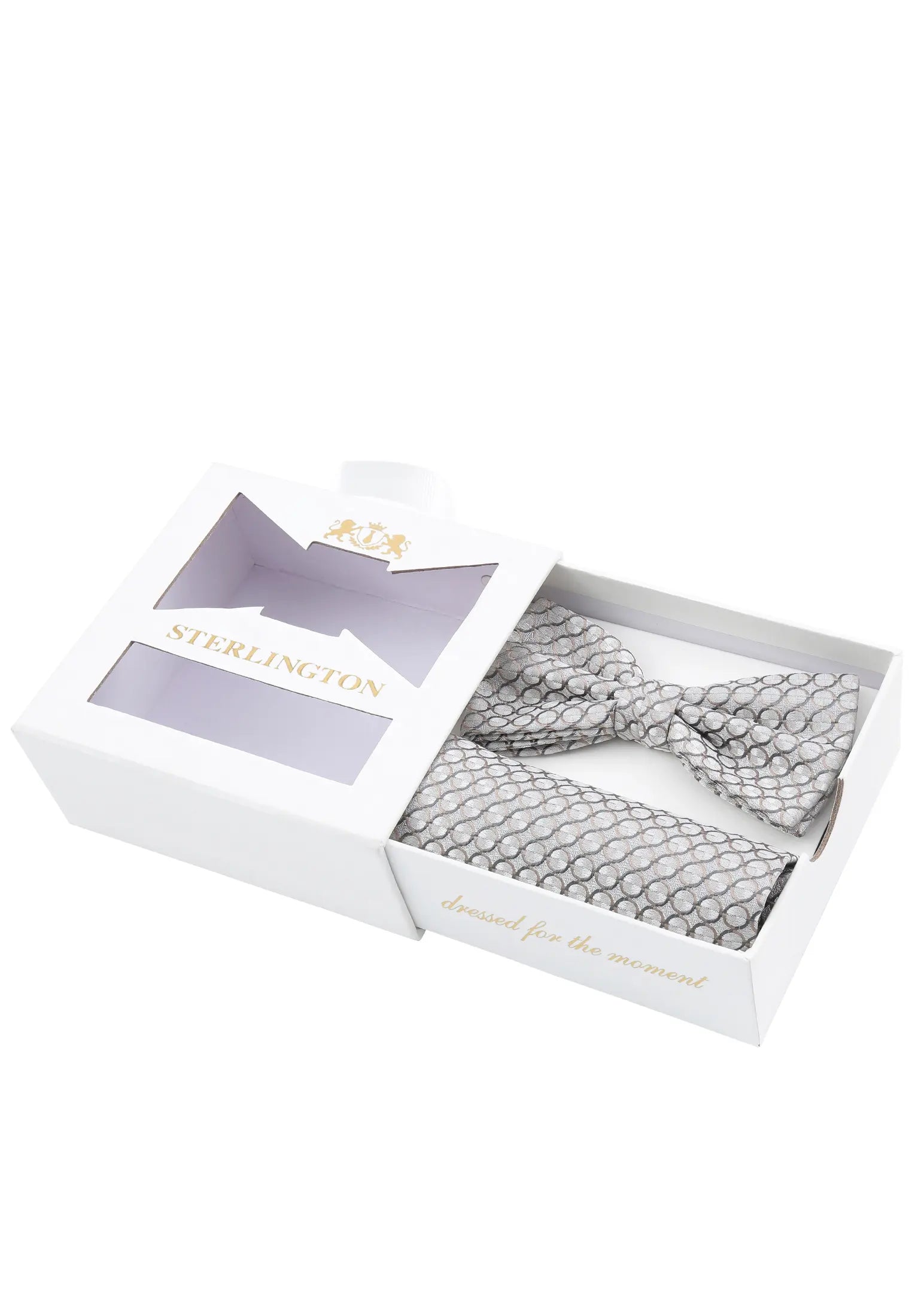 (Silber) Fliege Einstecktuch Set Sterlington – Geschenkbox schräg geöffnet