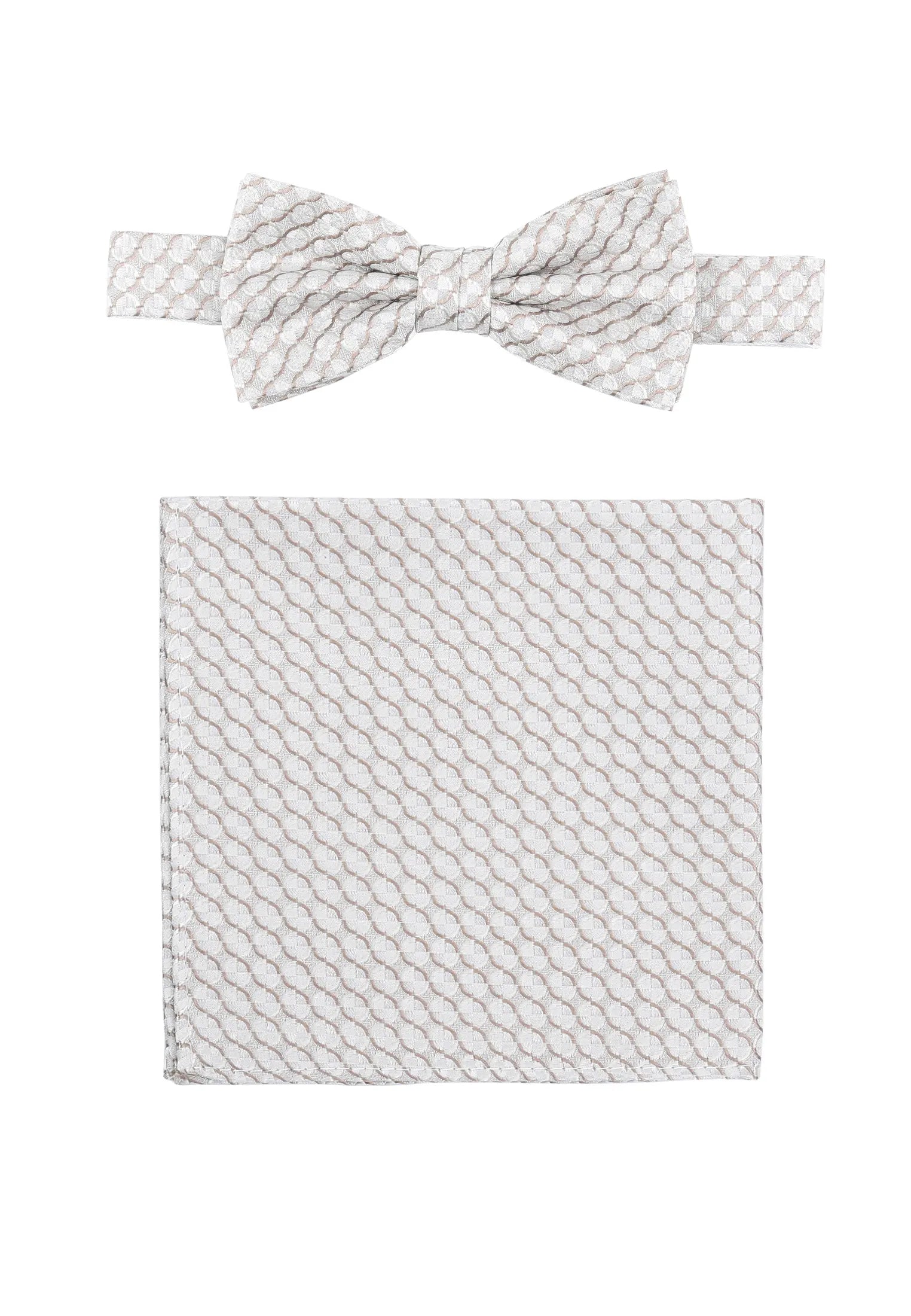 (Beige) Fliege und Einstecktuch Set Hochzeit Kreise – Fliege und Tuch ausgelegt