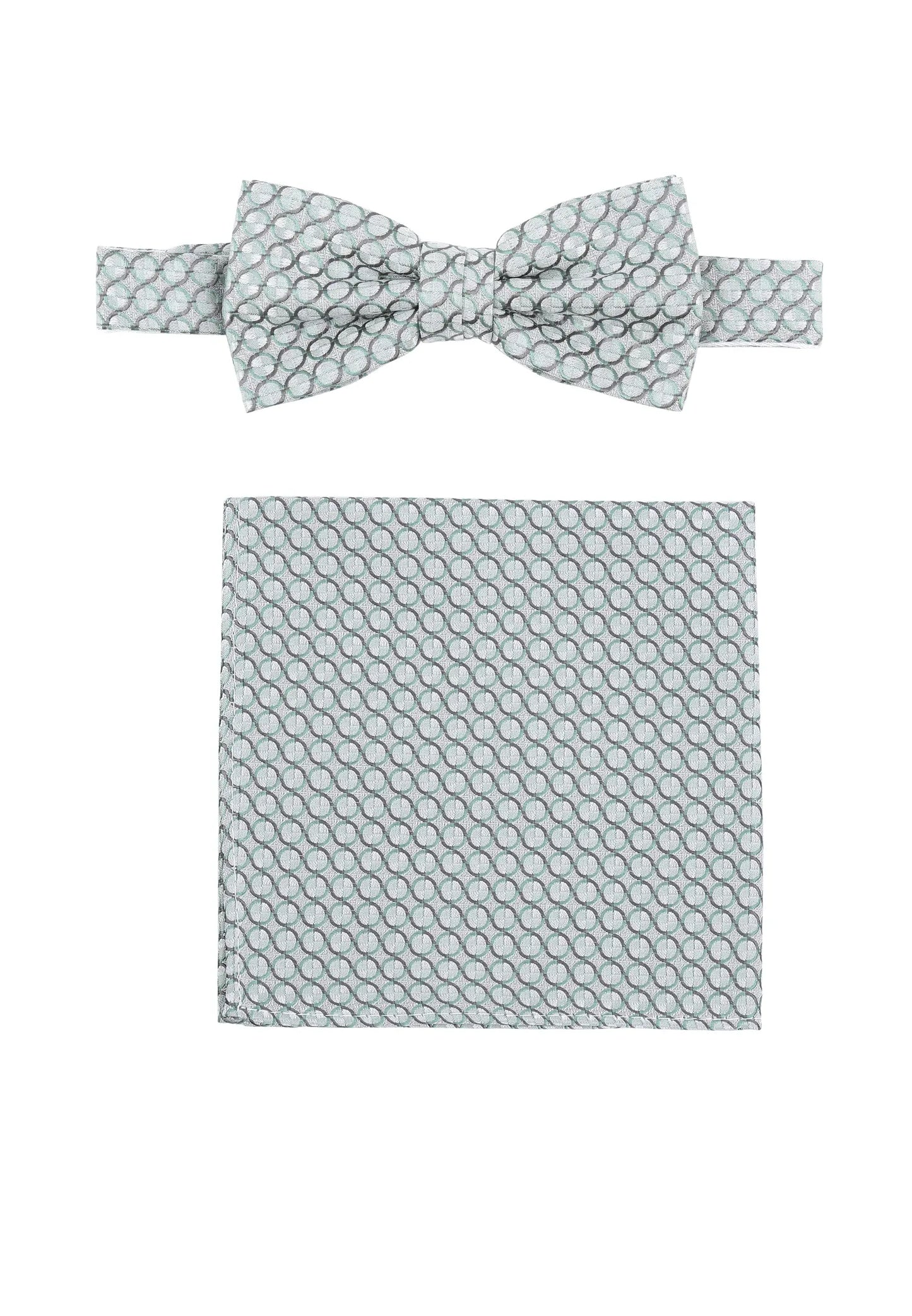 (Grün) Fliege und Einstecktuch Set Hochzeit Kreise – Fliege und Tuch ausgelegt