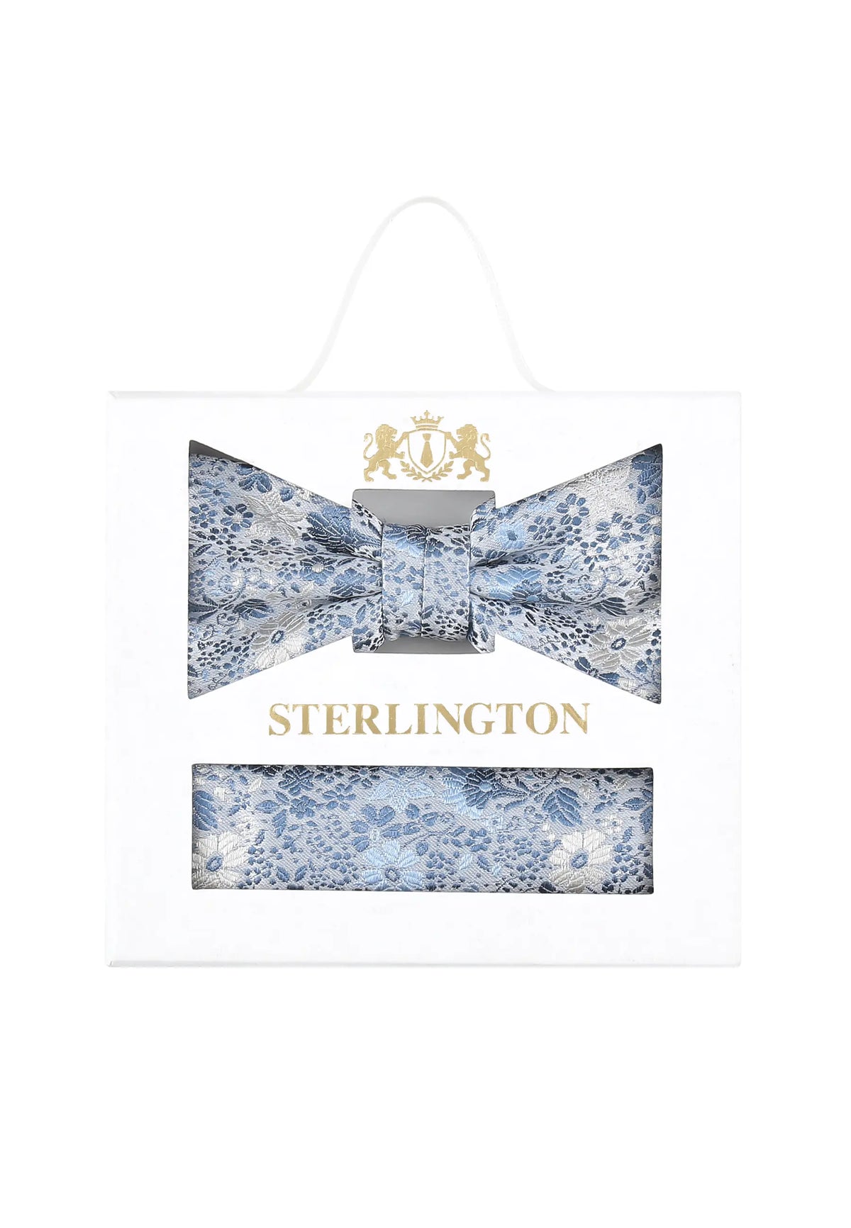 (Hellblau) Fliege Einstecktuch Set Floral Seide – Sterlington Geschenkbox Frontalansicht