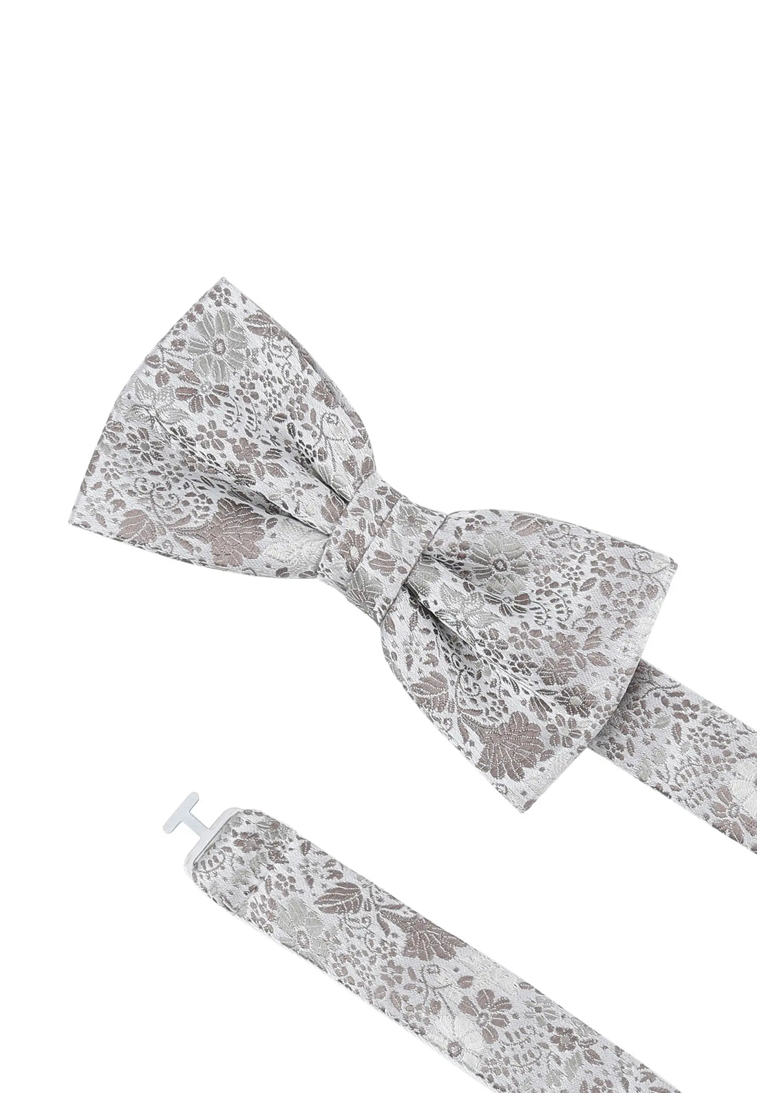 (Taupe) Hochzeitsfliege Floral Seide – Detailansicht mit verstellbarem Größenband