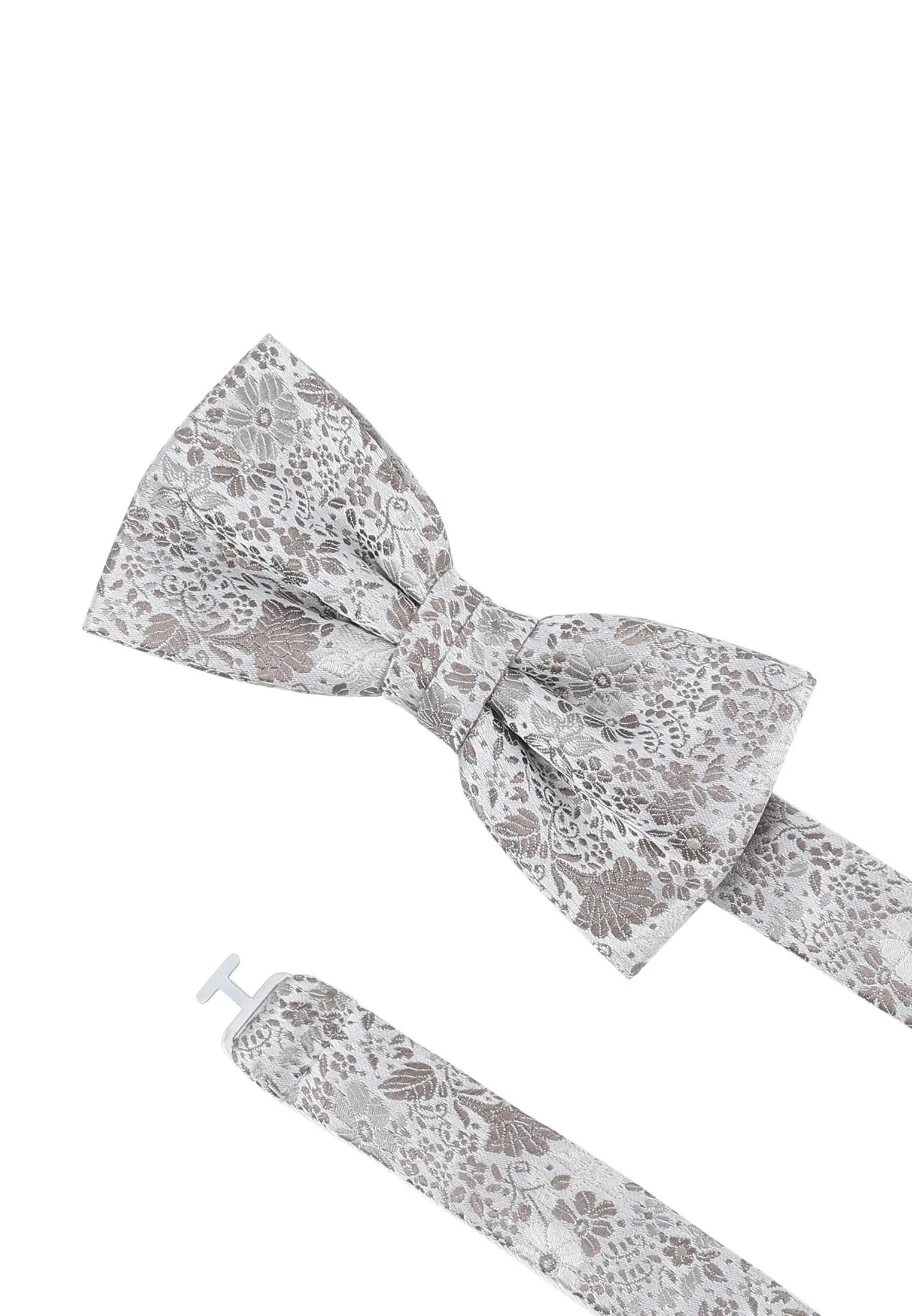 (Taupe) Hochzeitsfliege Floral Seide – Detailansicht mit verstellbarem Größenband