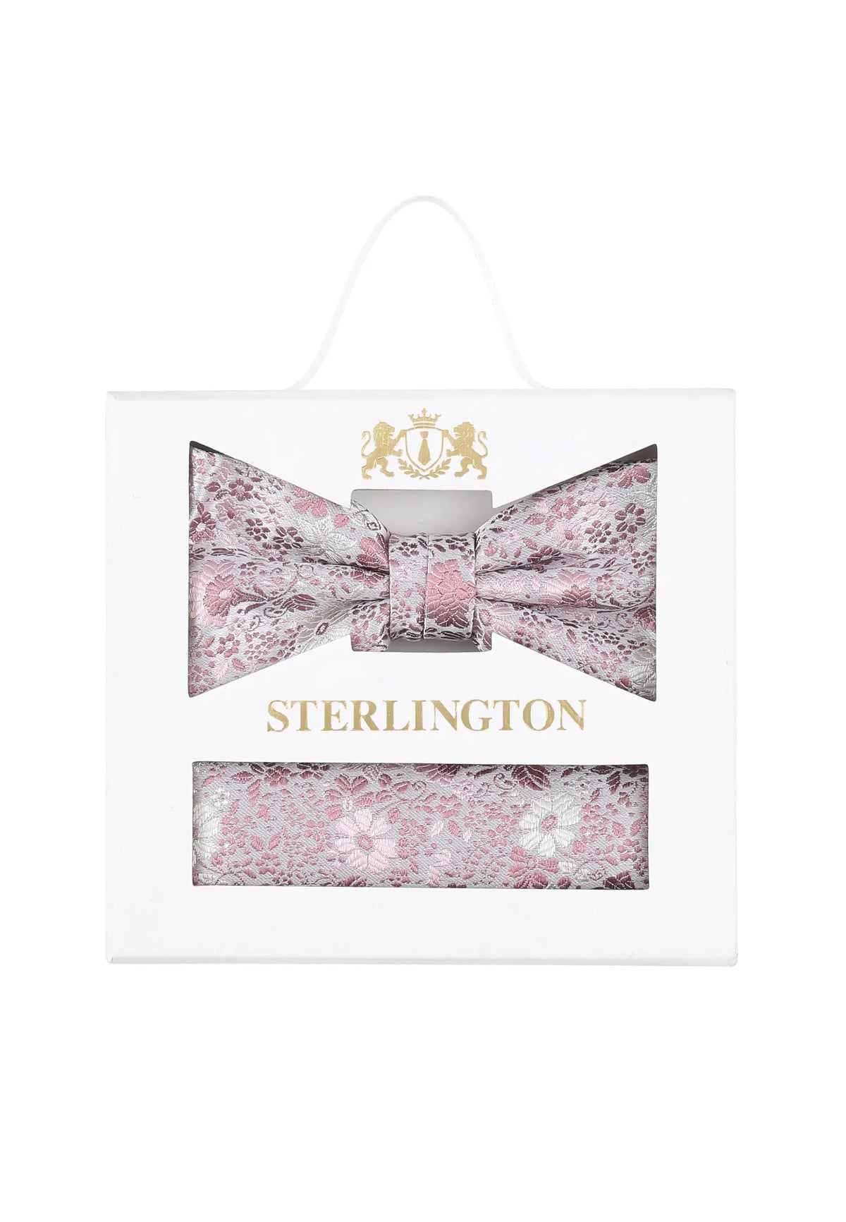 (Rosa) Fliege Einstecktuch Set Floral Seide – Sterlington Geschenkbox Frontalansicht