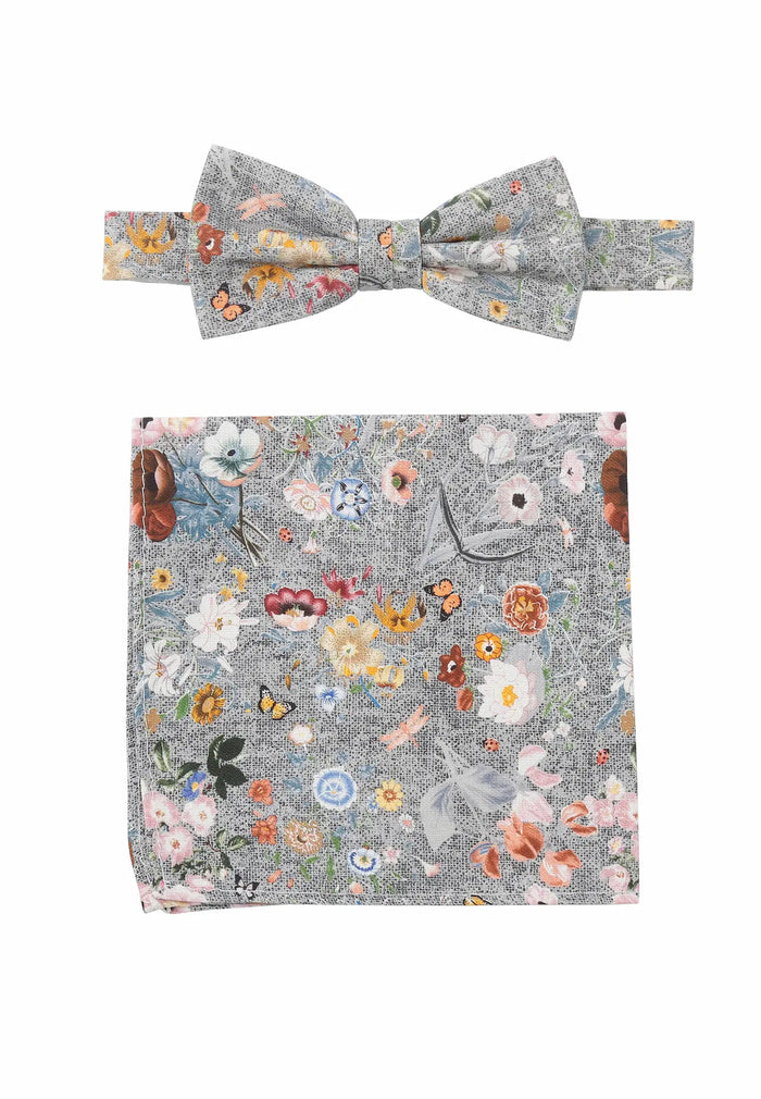 Men's Bow Tie and Pocket Square Set in Silk & Cotton – Floral Pattern