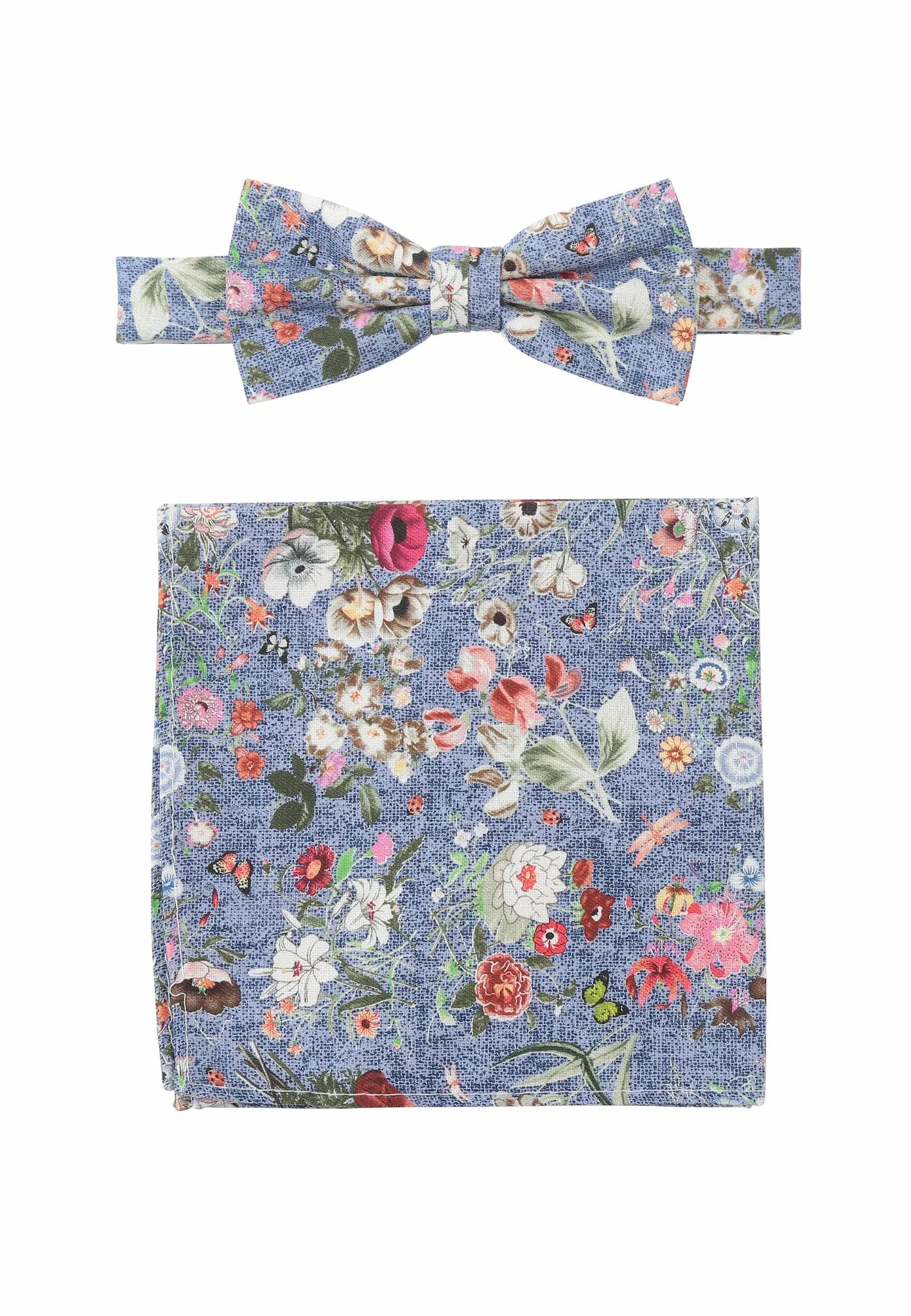 (Blau) Fliege und Einstecktuch Herren Blumenmuster Seide – Gesamtansicht