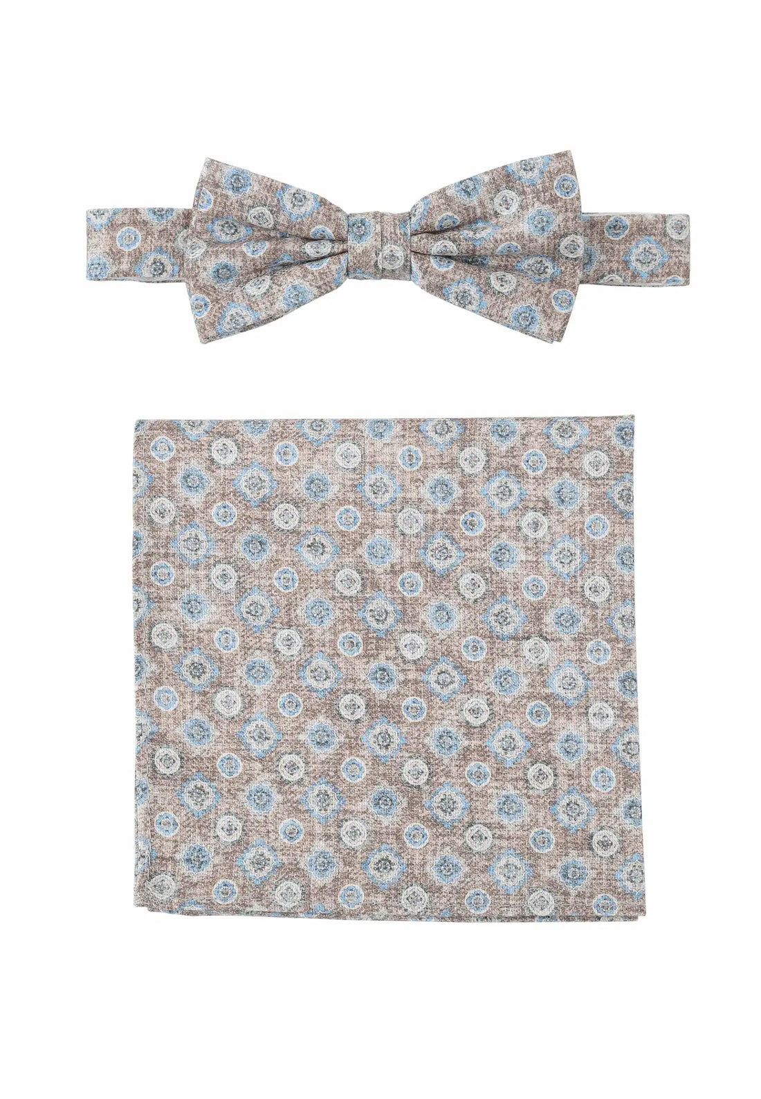 (Beige) Fliege Einstecktuch Set Herren Medaillon Baumwolle – Gesamtansicht