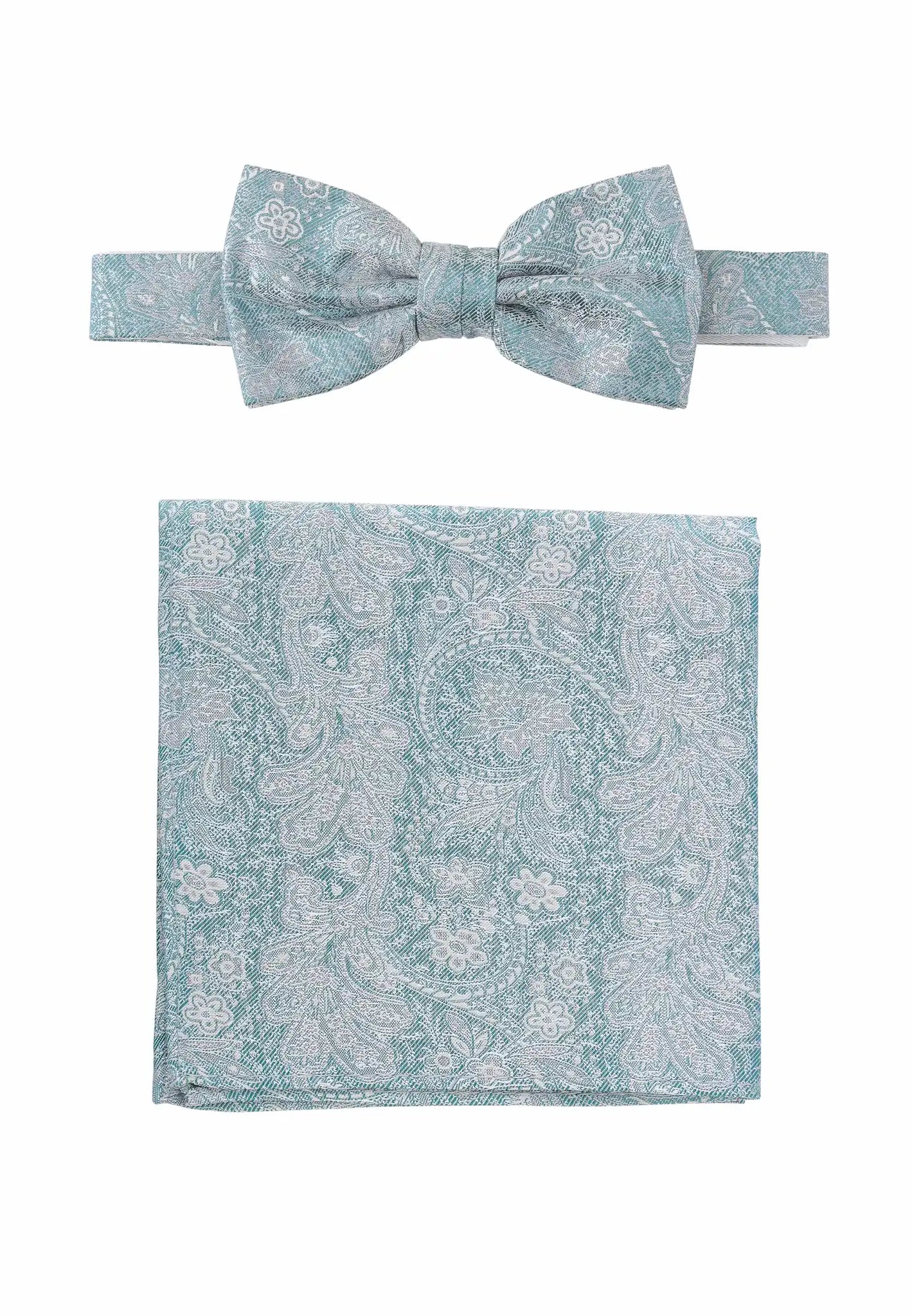 (Petrol) Fliege Einstecktuch Set Herren Paisley Seide – Gesamtansicht