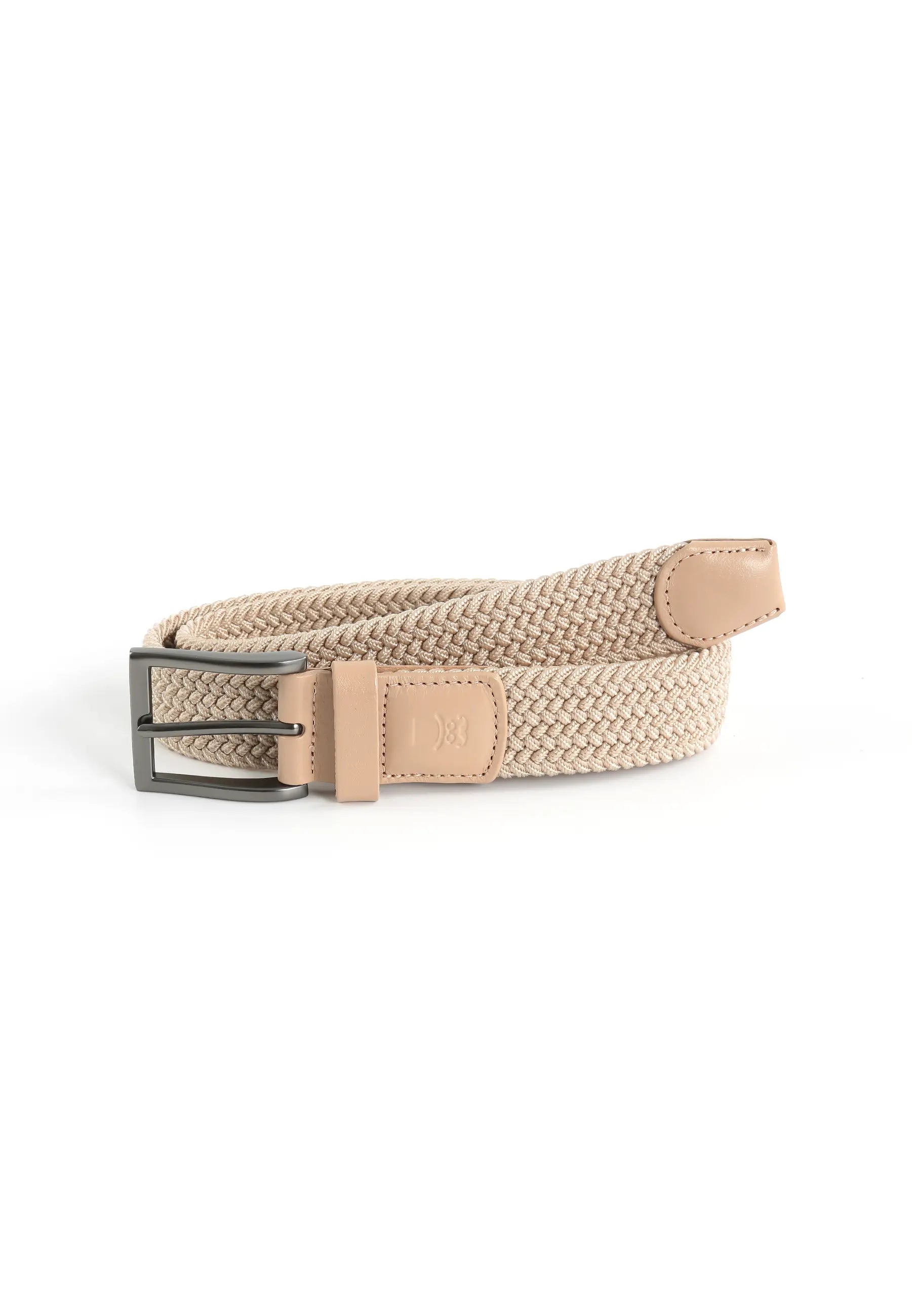 (Beige) Flechtbandgürtel Herren elastisch – geflochtener Stretchgürtel aufgerollt