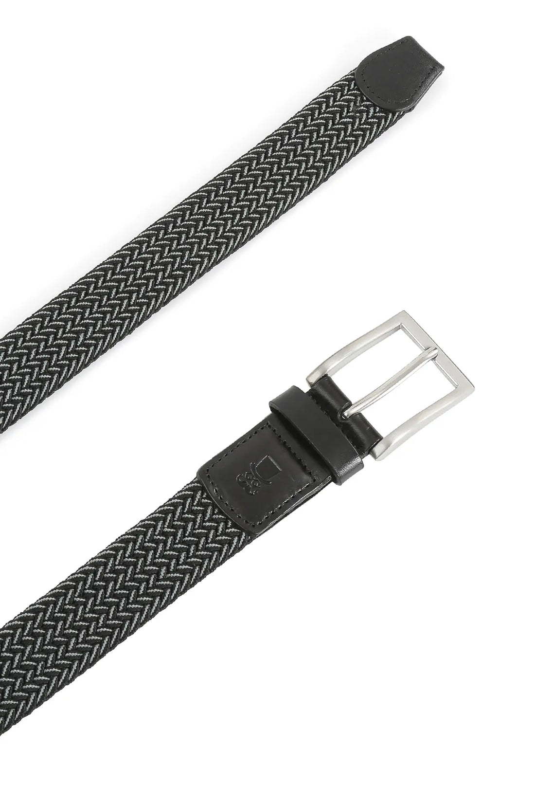 (Schwarz) Elastischer Flechtgürtel 3,5 cm – Schnalle und Lederspitze Detailansicht