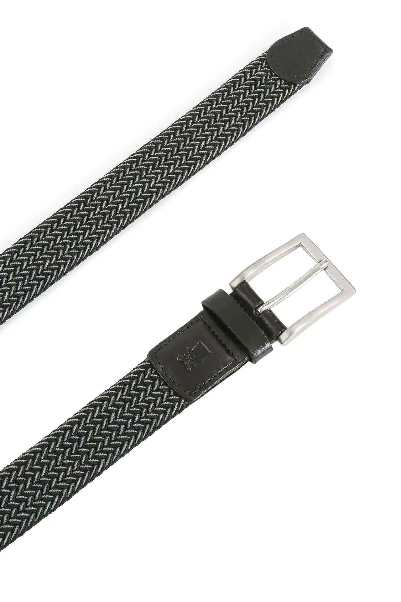 (Schwarz) Elastischer Flechtgürtel 3,5 cm – Schnalle und Lederspitze Detailansicht