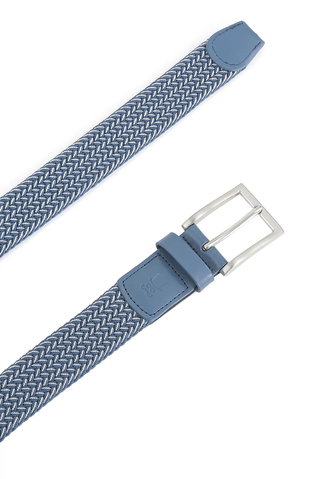 (Hellblau) Elastischer Flechtgürtel 3,5 cm – Schnalle und Lederspitze Detailansicht