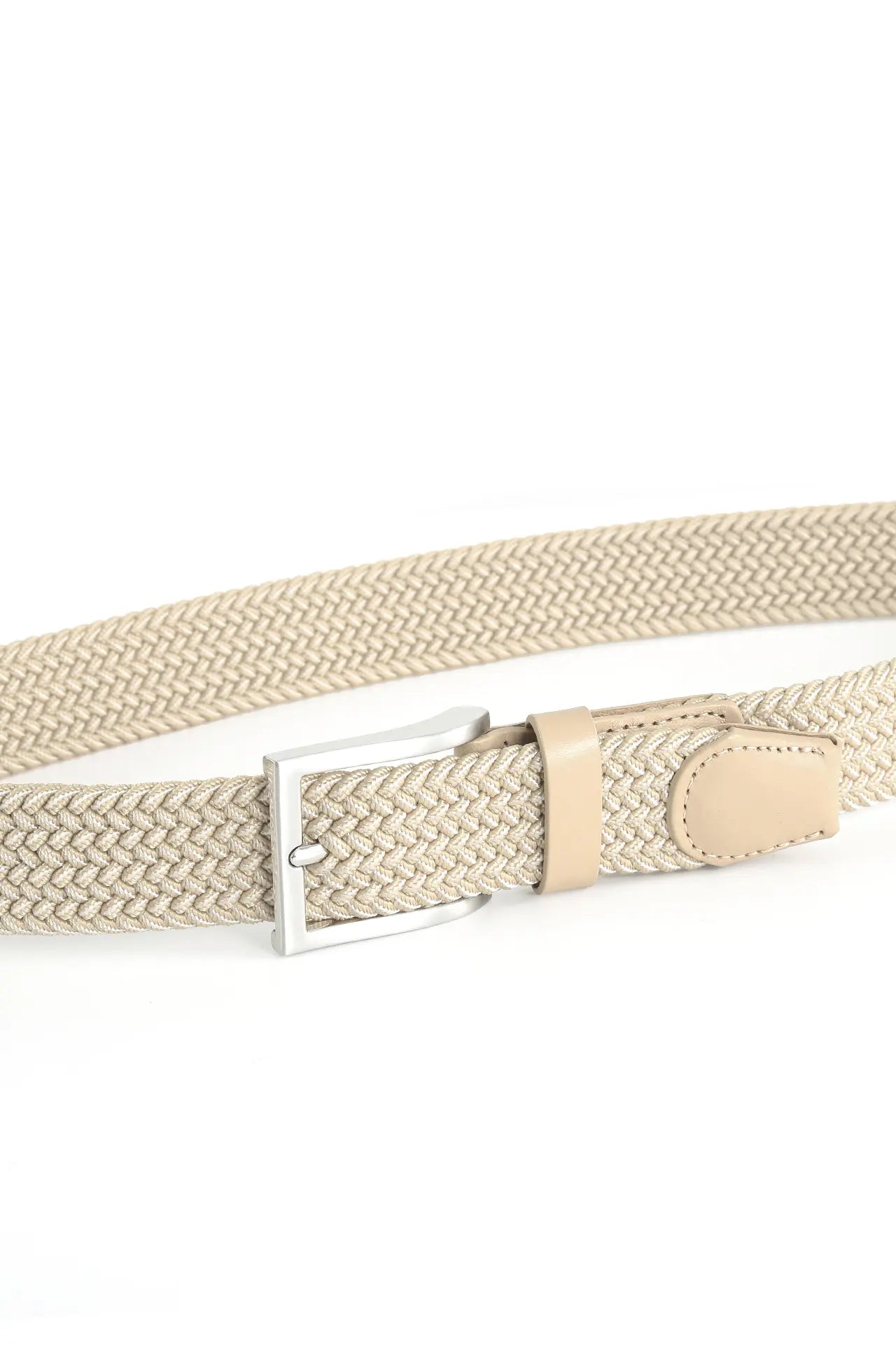 (Beige) Elastischer Flechtgürtel 3,5 cm – Schnalle und Lederspitze Detailansicht