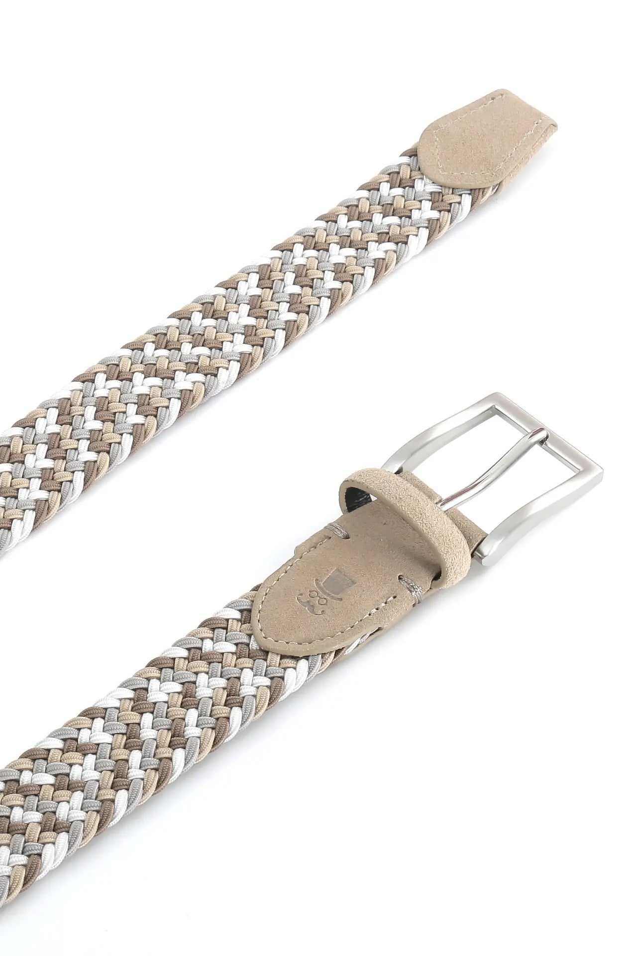 (Taupe) Flechtgürtel multicolor Schnalle Silber – Detailansicht Veloursleder