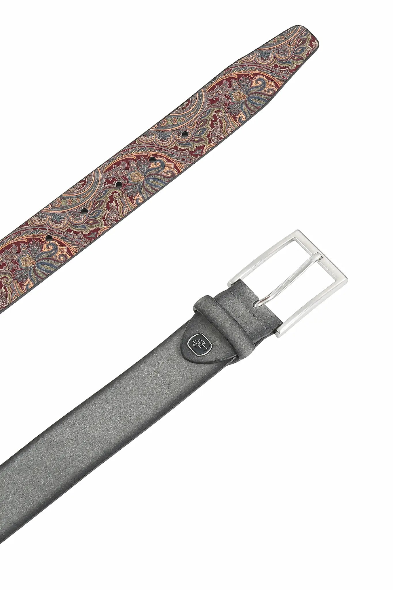 (Grau) Herrengürtel Veloursleder mit Paisley-Rückseite, Lederlogo-Emblem vorne