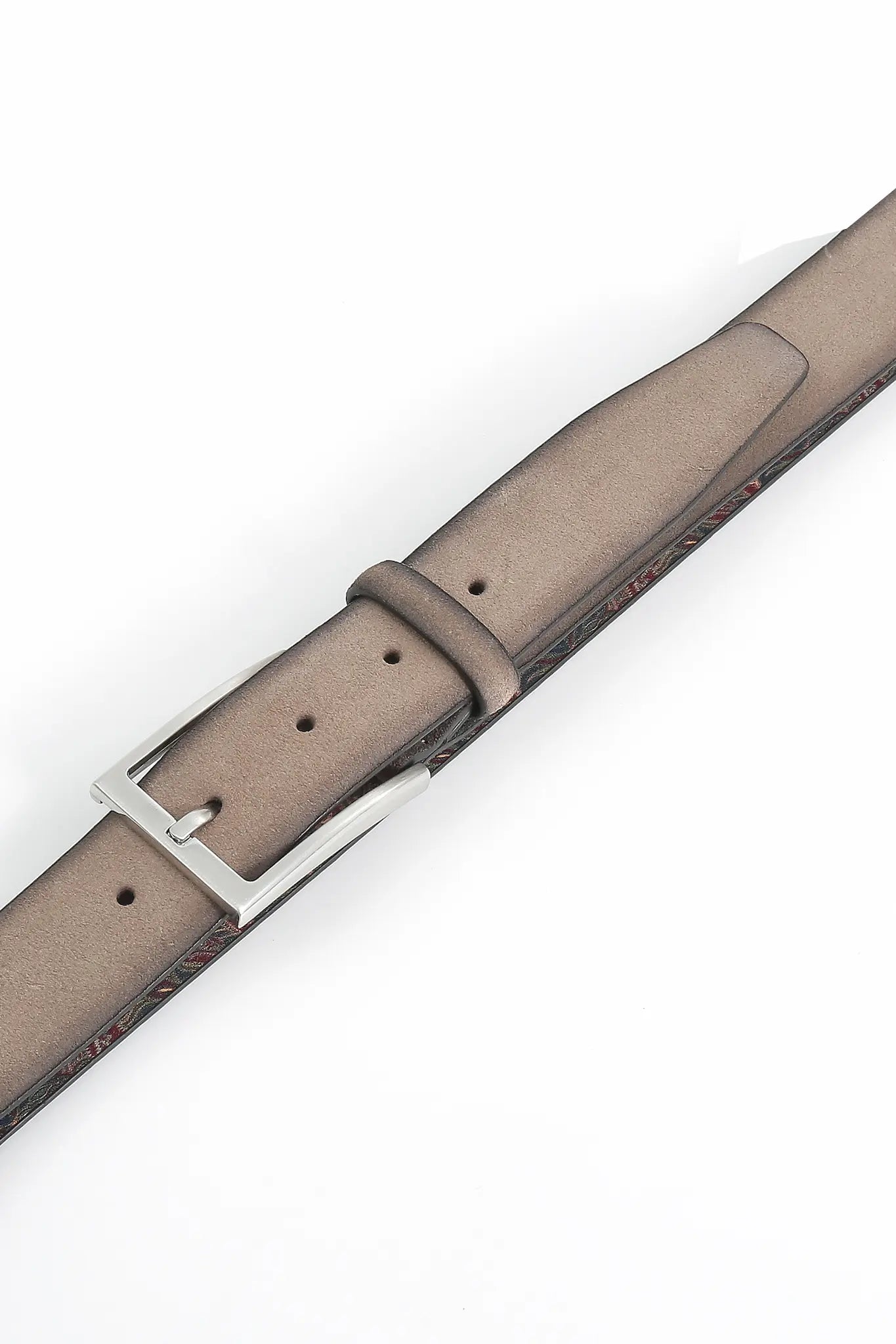 (Taupe) Detailaufnahme Dornschließe am Velours Ledergürtel Herren, 35mm breit