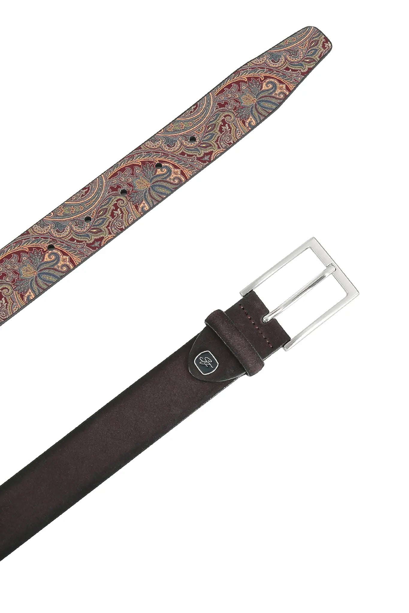 (Dunkelbraun) Herrengürtel Veloursleder mit Paisley-Rückseite, Lederlogo-Emblem vorne