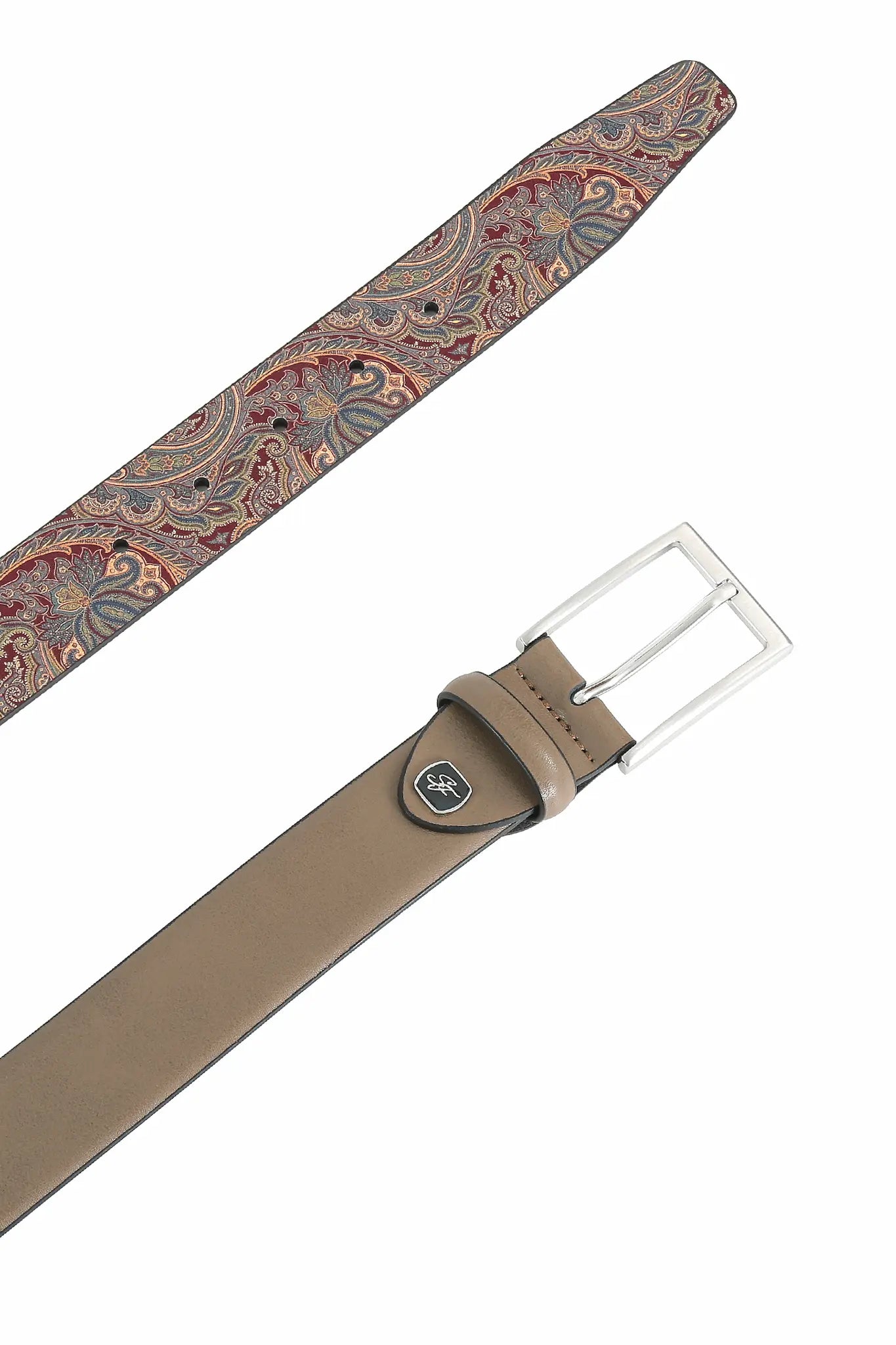 (Taupe) Rückseite des Gürtels mit edlem Paisley-Druck auf der Lederinnenseite