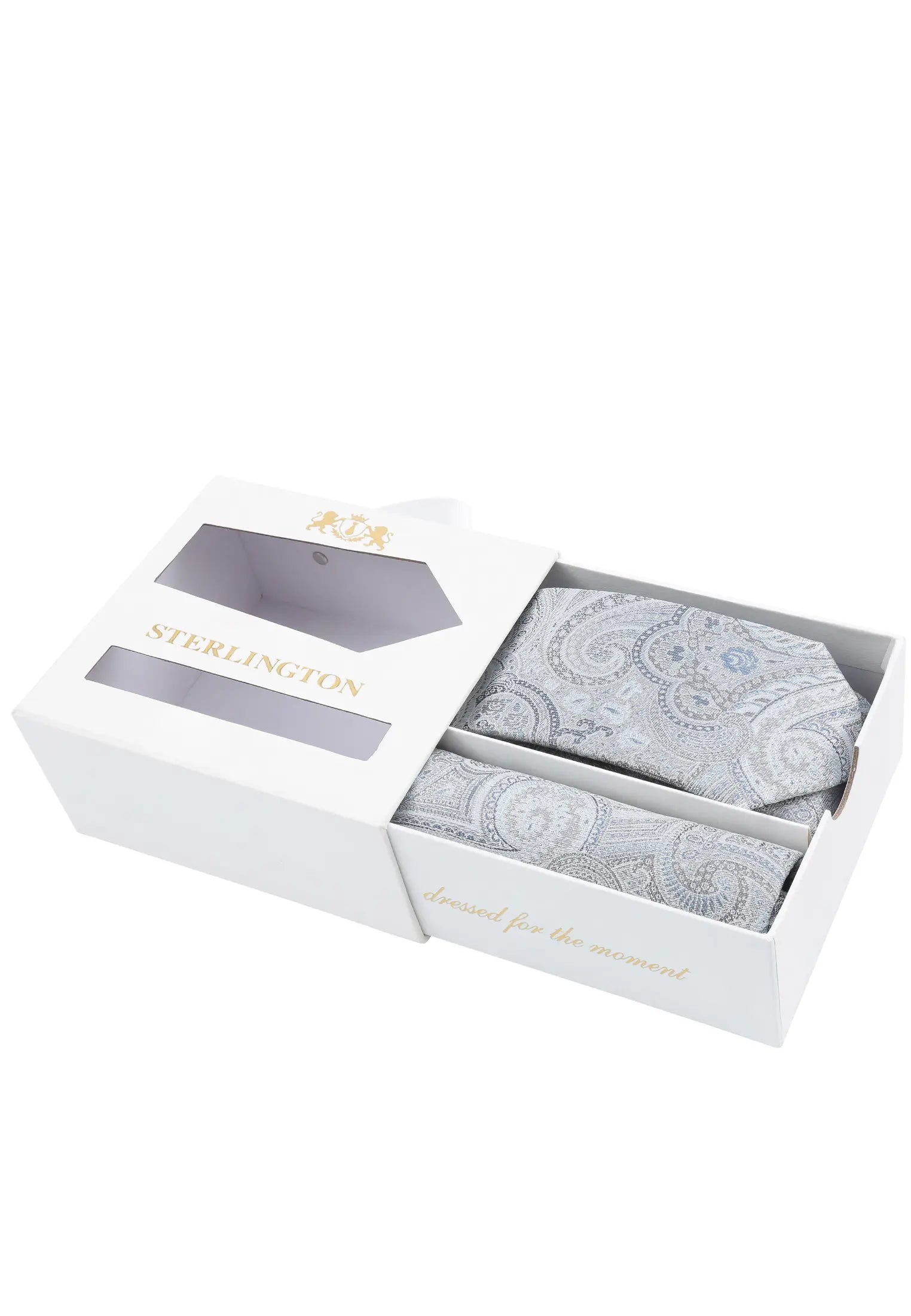 (Blau) Krawatte Einstecktuch Set Sterlington – Geschenkbox schräg geöffnet