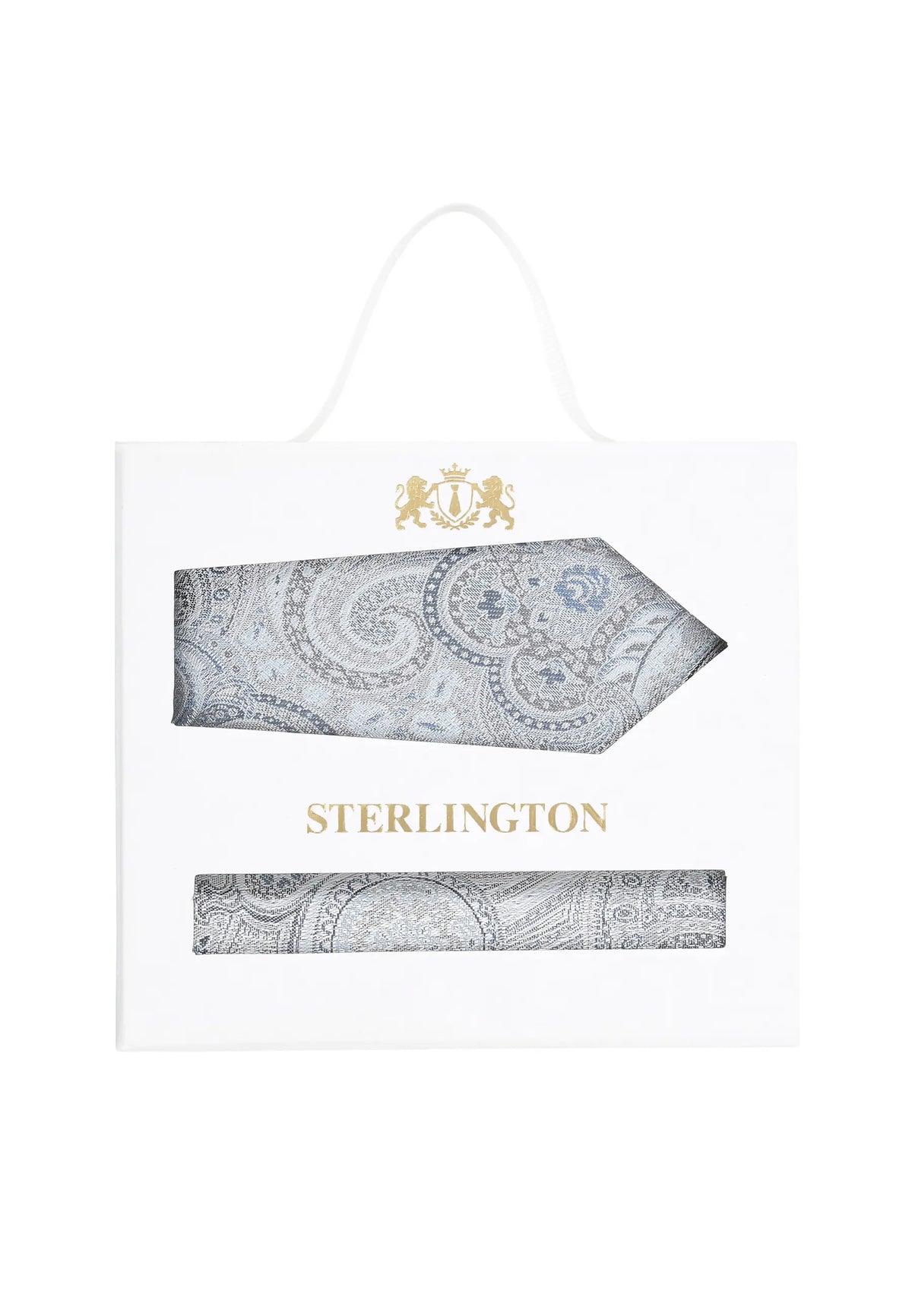(Blau) Krawatte Einstecktuch Set Paisley Seide – Sterlington Geschenkbox Frontalansicht