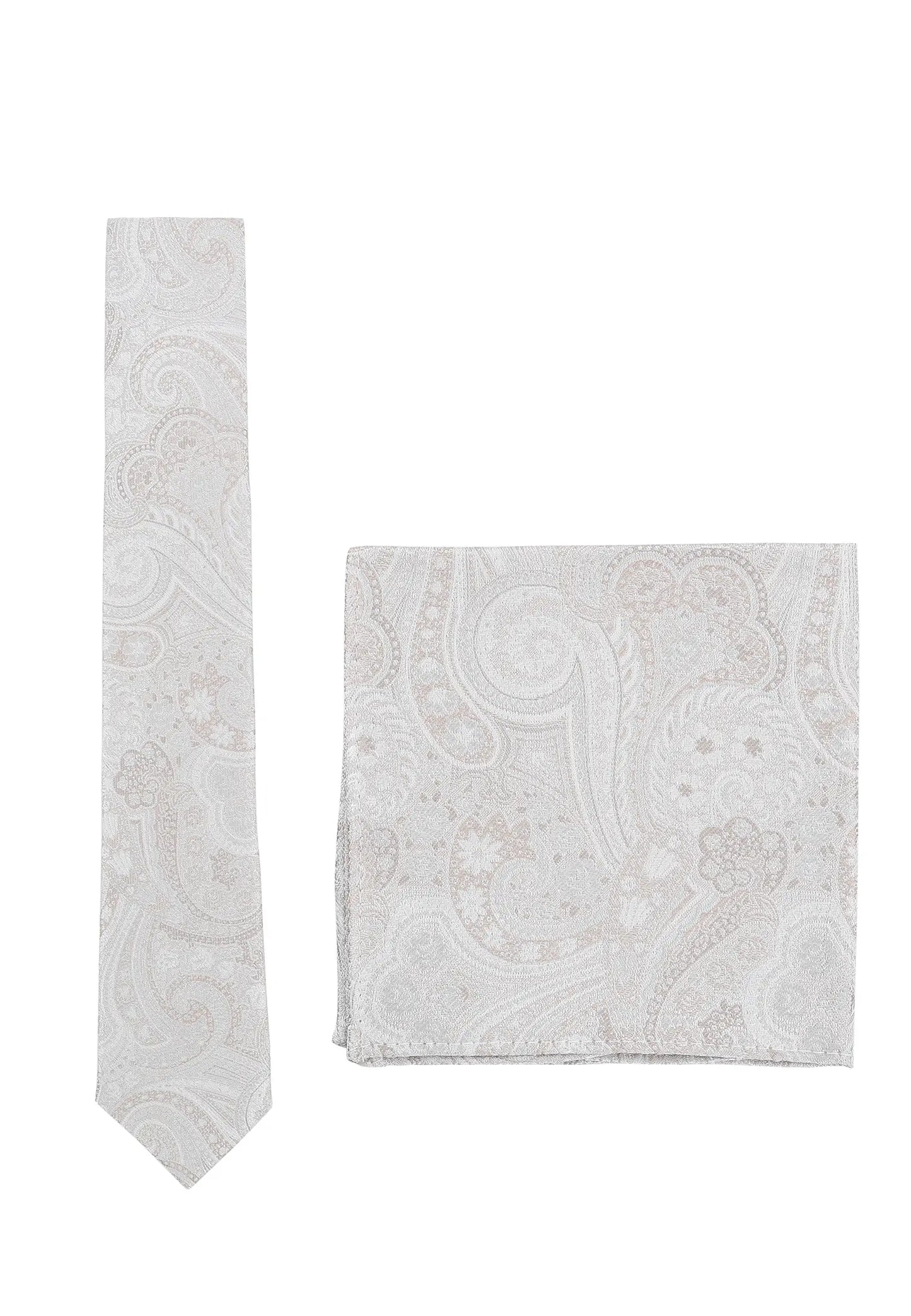 (Beige) Krawatte und Einstecktuch Set Hochzeit Paisley – Krawatte und Tuch ausgelegt
