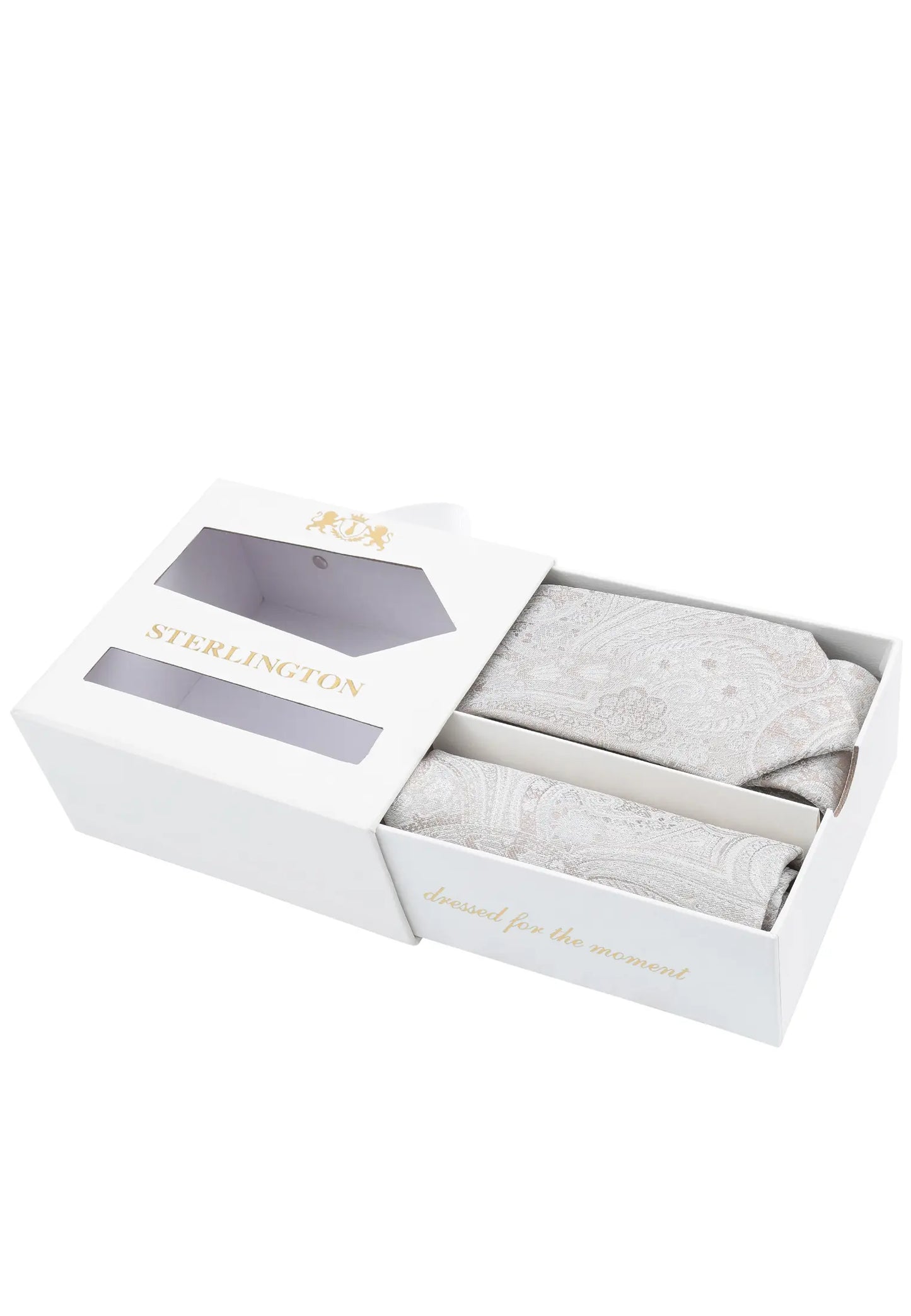 (Beige) Krawatte Einstecktuch Set Sterlington – Geschenkbox schräg geöffnet