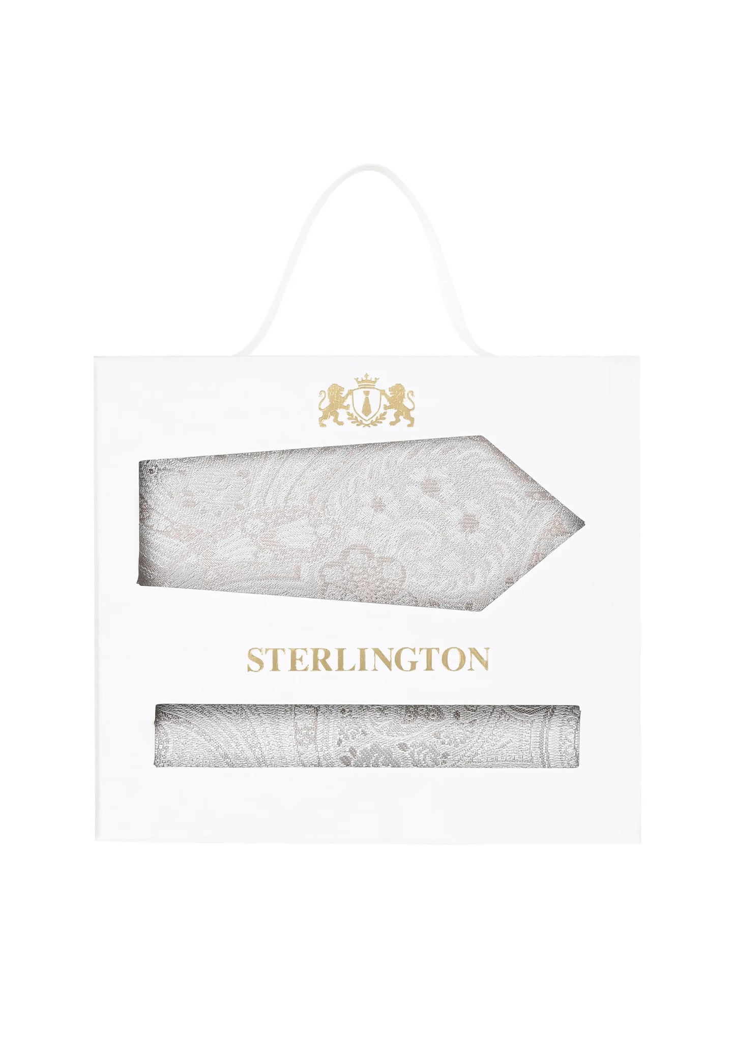 (Beige) Krawatte Einstecktuch Set Paisley Seide – Sterlington Geschenkbox Frontalansicht