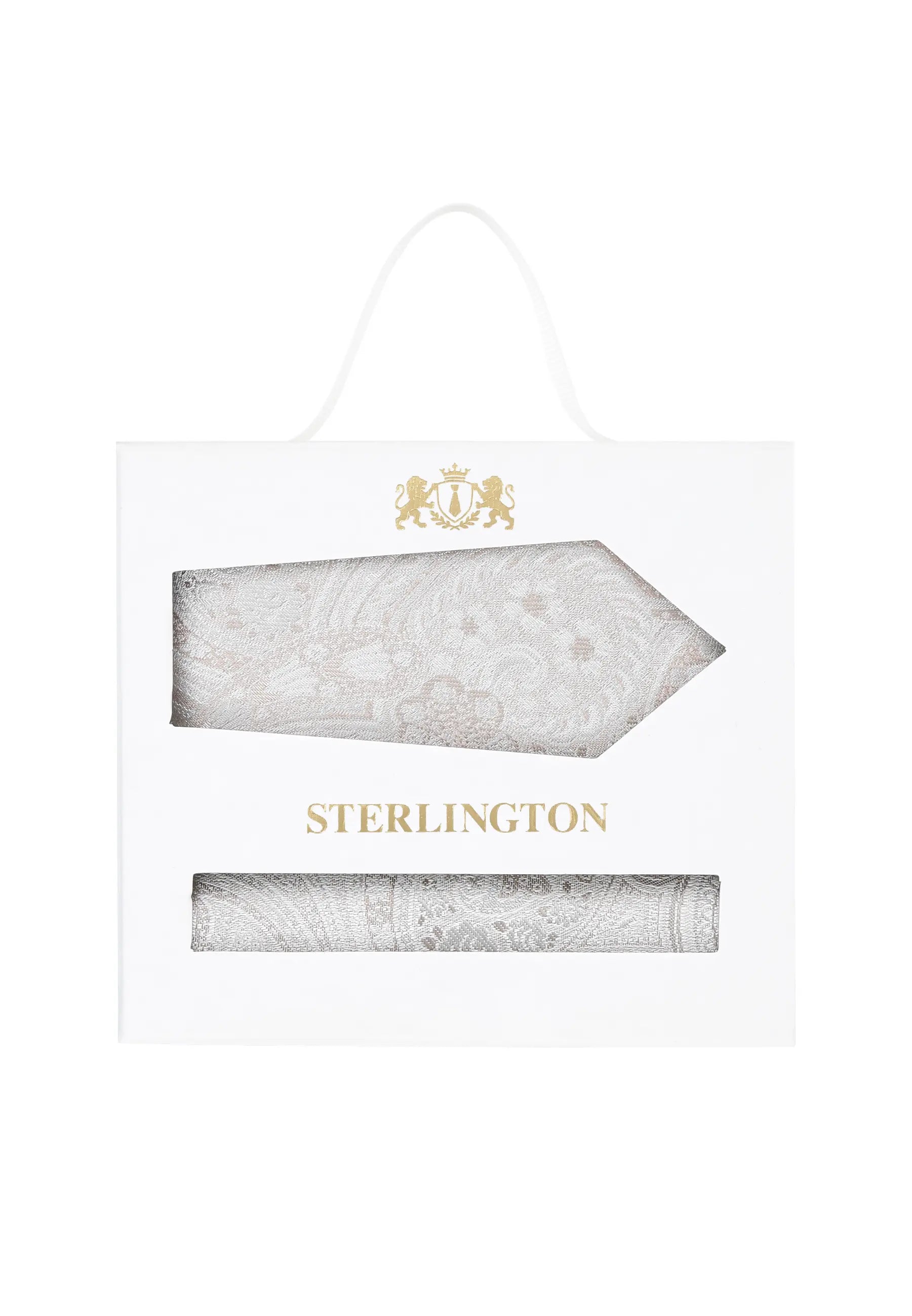 (Beige) Krawatte Einstecktuch Set Paisley Seide – Sterlington Geschenkbox Frontalansicht