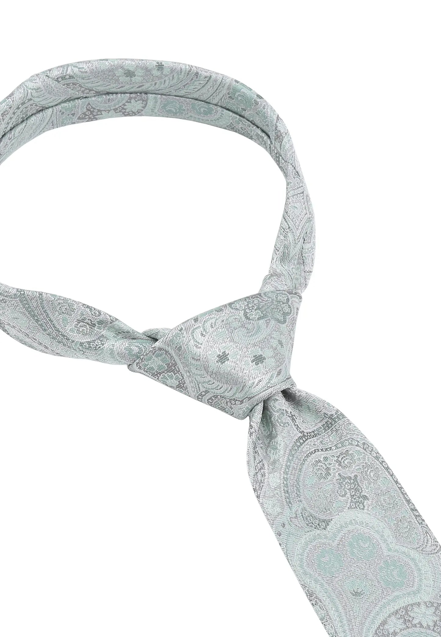 (Grün) Hochzeitskrawatte Paisley Seide – Detailansicht gebundener Knoten
