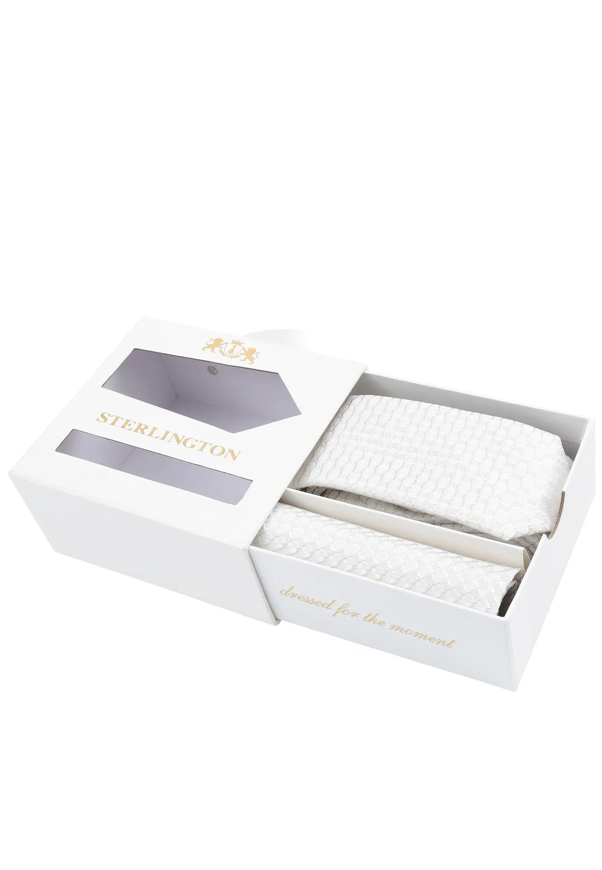 (Champagner) Krawatte Einstecktuch Set Sterlington – Geschenkbox schräg geöffnet