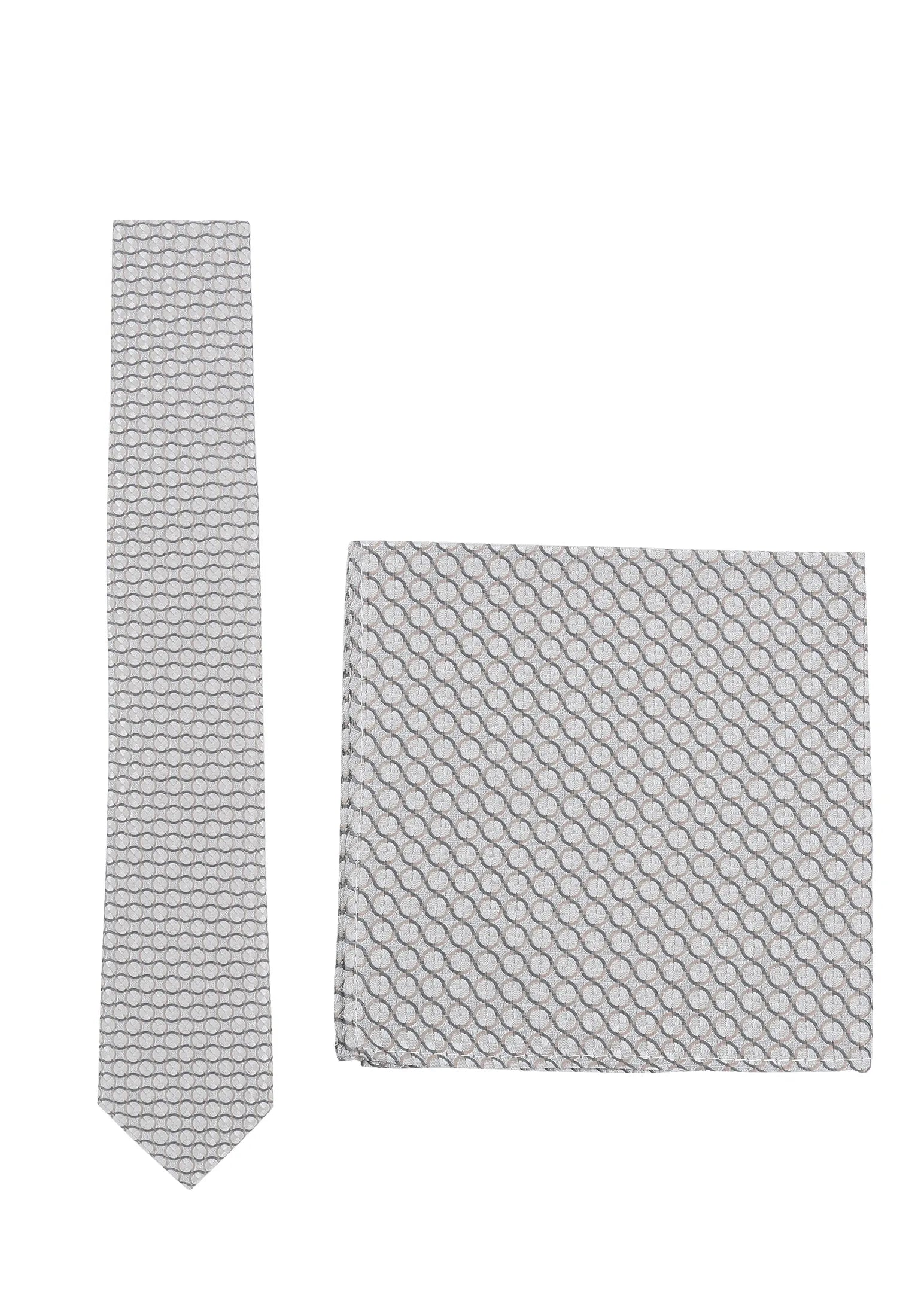 (Silber) Krawatte und Einstecktuch Set Hochzeit Kreise – Krawatte und Tuch ausgelegt
