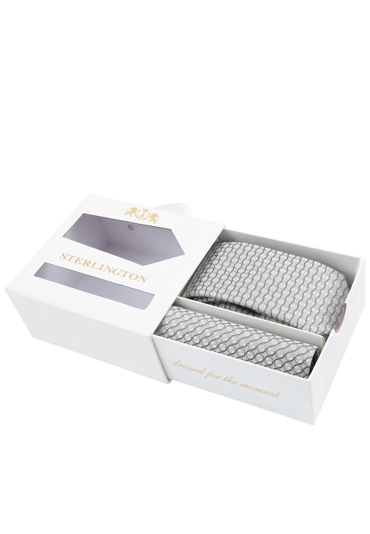 (Silber) Krawatte Einstecktuch Set Sterlington – Geschenkbox schräg geöffnet