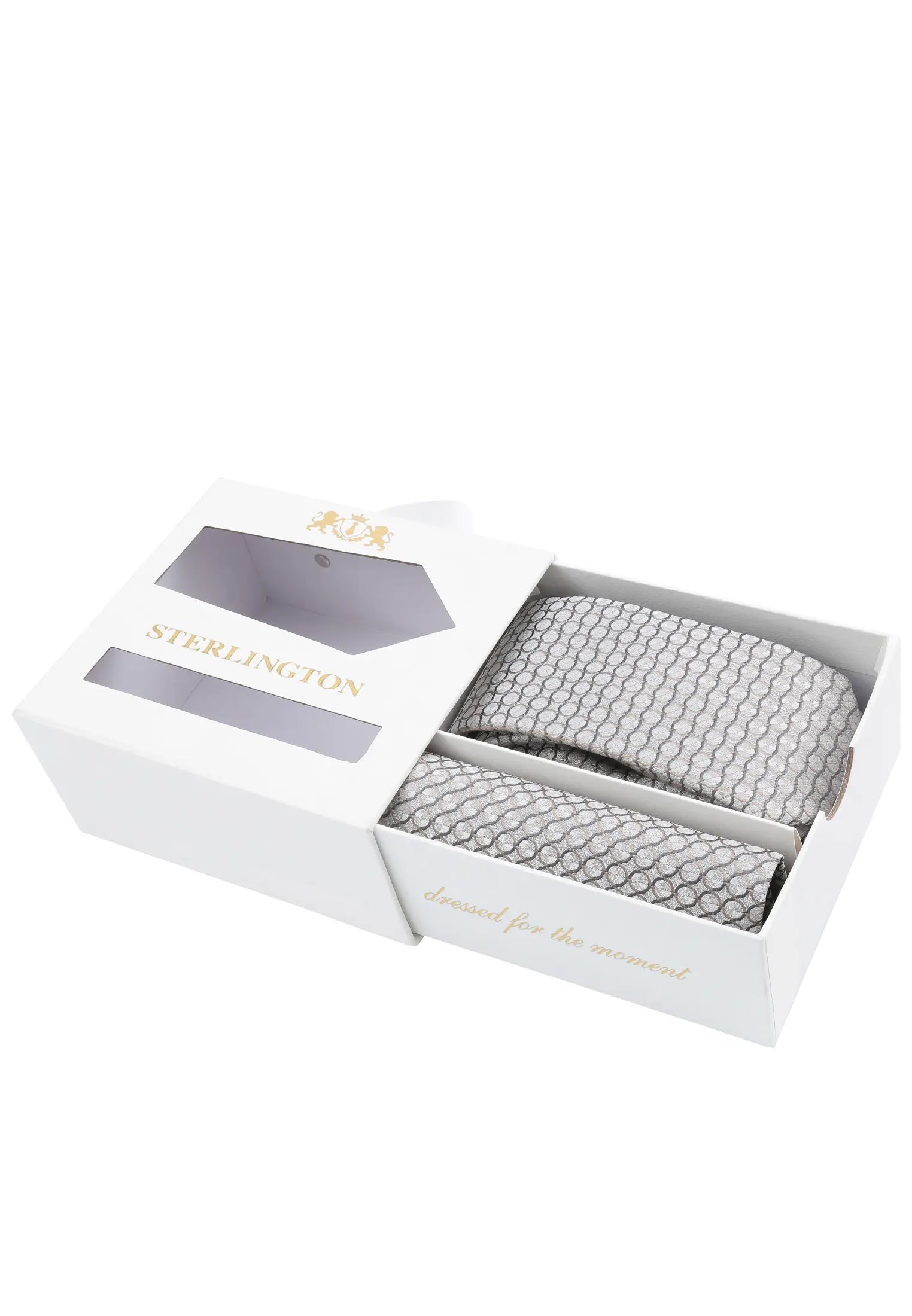 (Silber) Krawatte Einstecktuch Set Sterlington – Geschenkbox schräg geöffnet