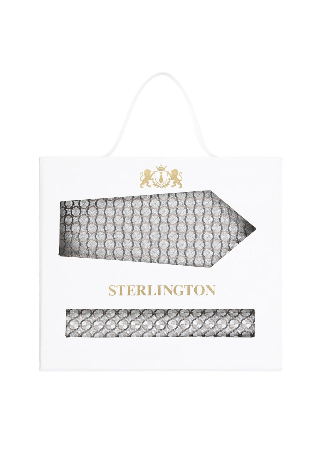 (Silber) Krawatte Einstecktuch Set Kreise Seide – Sterlington Geschenkbox Frontalansicht