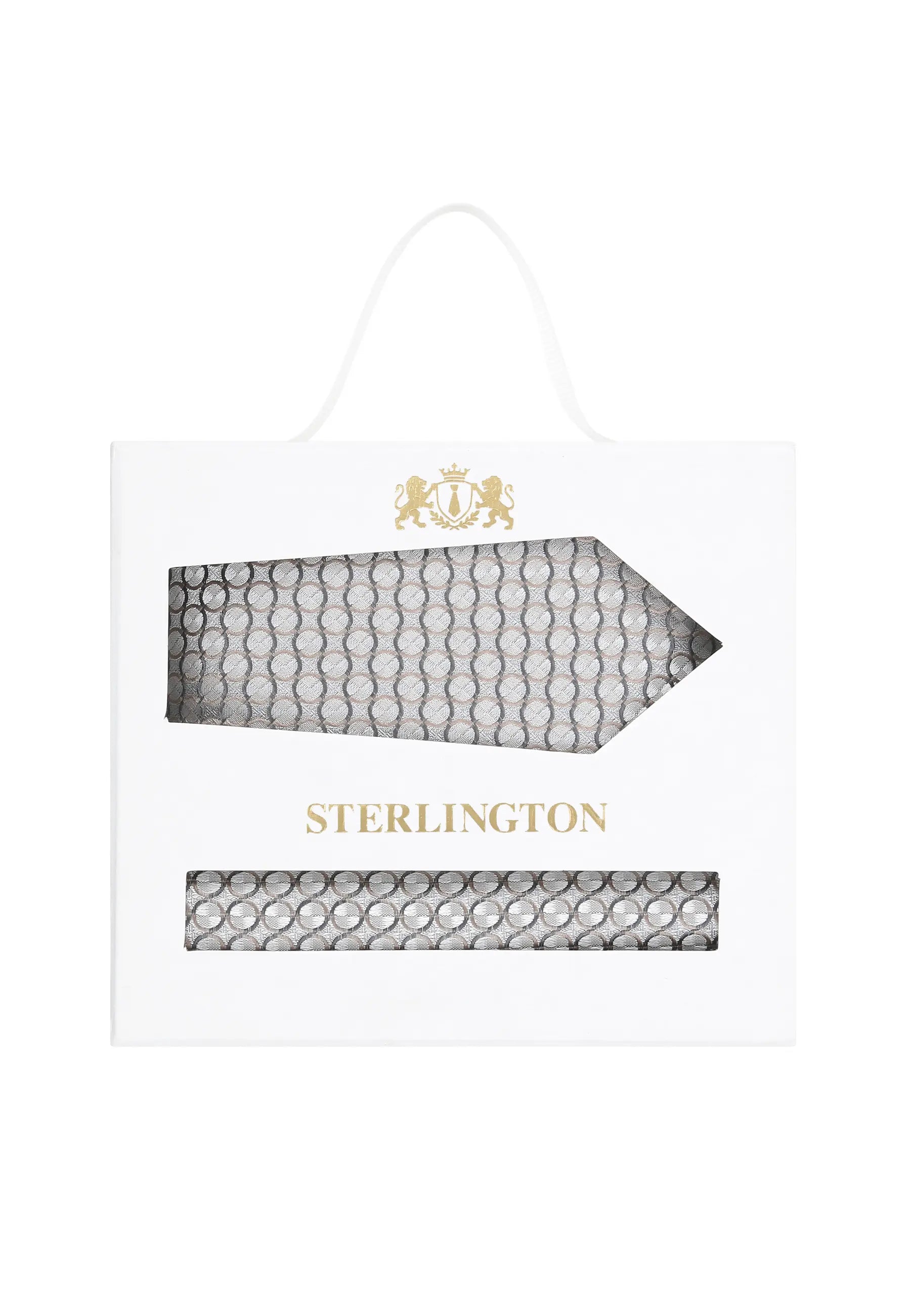 (Silber) Krawatte Einstecktuch Set Kreise Seide – Sterlington Geschenkbox Frontalansicht