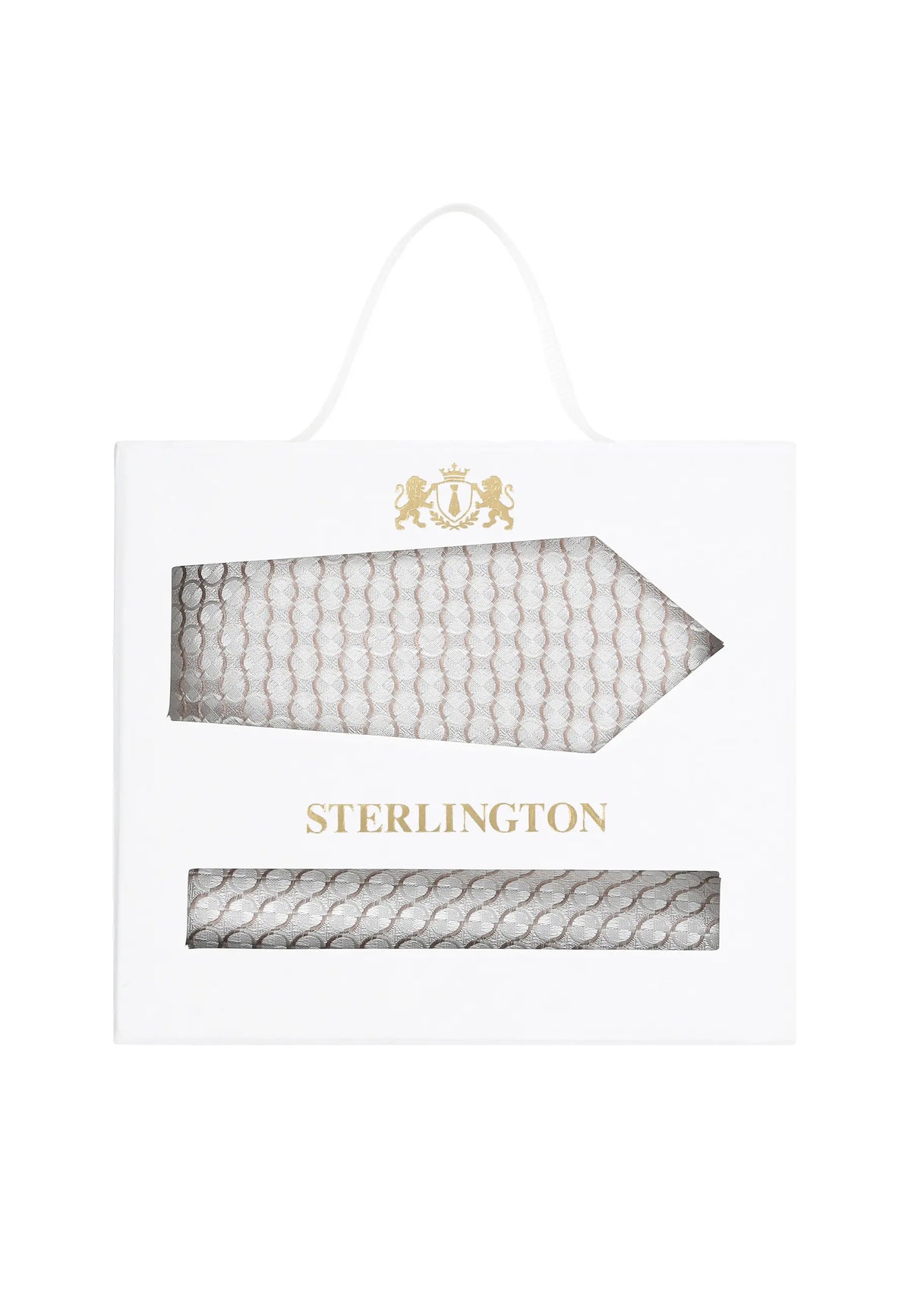 (Beige) Krawatte Einstecktuch Set Kreise Seide – Sterlington Geschenkbox Frontalansicht